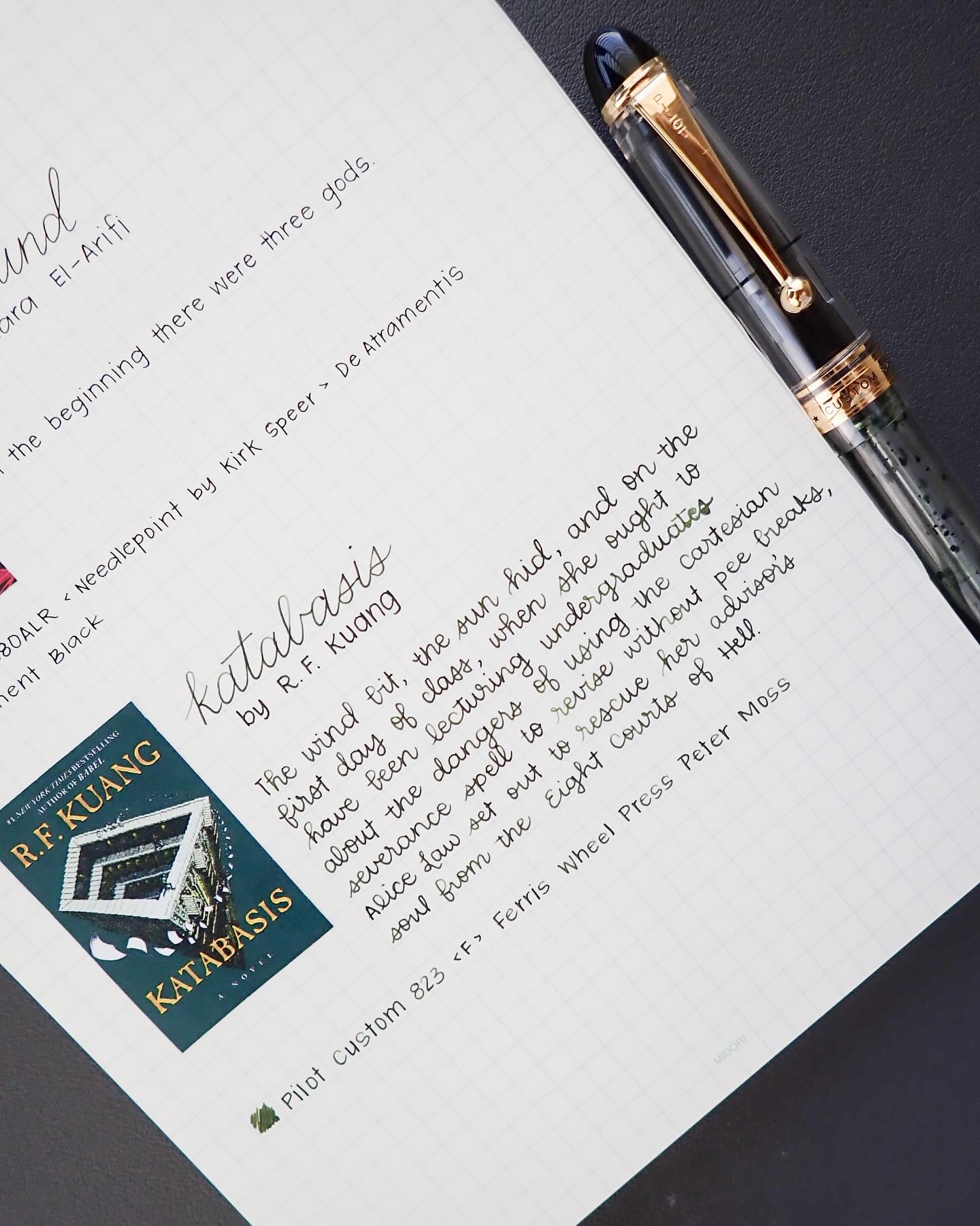 Day 16 of 30 Days of First Lines: Katabasis by R.F. Kuang @kuangrf
Note: This first line is from an Advance Reader Copy of the book. Changes may be made prior to publication.
“The wind bit, the sun hid, and on the first day of class, when she ought to have been lecturing undergraduates about the dangers of using the Cartesian severance spell to revise without pee breaks, Alice Law set out to rescue her advisor’s soul from the Eight Courts of Hell.”
I’m currently enjoying Babel by R.F. Kuang. (& yes, it’s taking me much longer to read than I anticipated…) But if I’m honest, a part of me wants to pivot and read Katabasis instead. Babel is very good, but it definitely feels like a piece of text that’s meant to make you think critically about foreign affairs. That’s obviously not a bad thing, but I find myself having a hard time being in the mood for it considering everything that’s happening in the world and news right now. Katabasis, on the other hand, simply sounds like an interesting story that I could escape into, and that sounds exciting!
😅 Anyone else a mood reader?
Katabasis by R.F. Kuang releases on August 26!
Supplies:
@pilotpenusa Custom 823 <Fine> with @ferriswheelpress Peter Moss
Midori MD notepad
#handwriting #30daysoffirstlines #fountainpens #pilotpen #bookworm #bookquote #katabasis