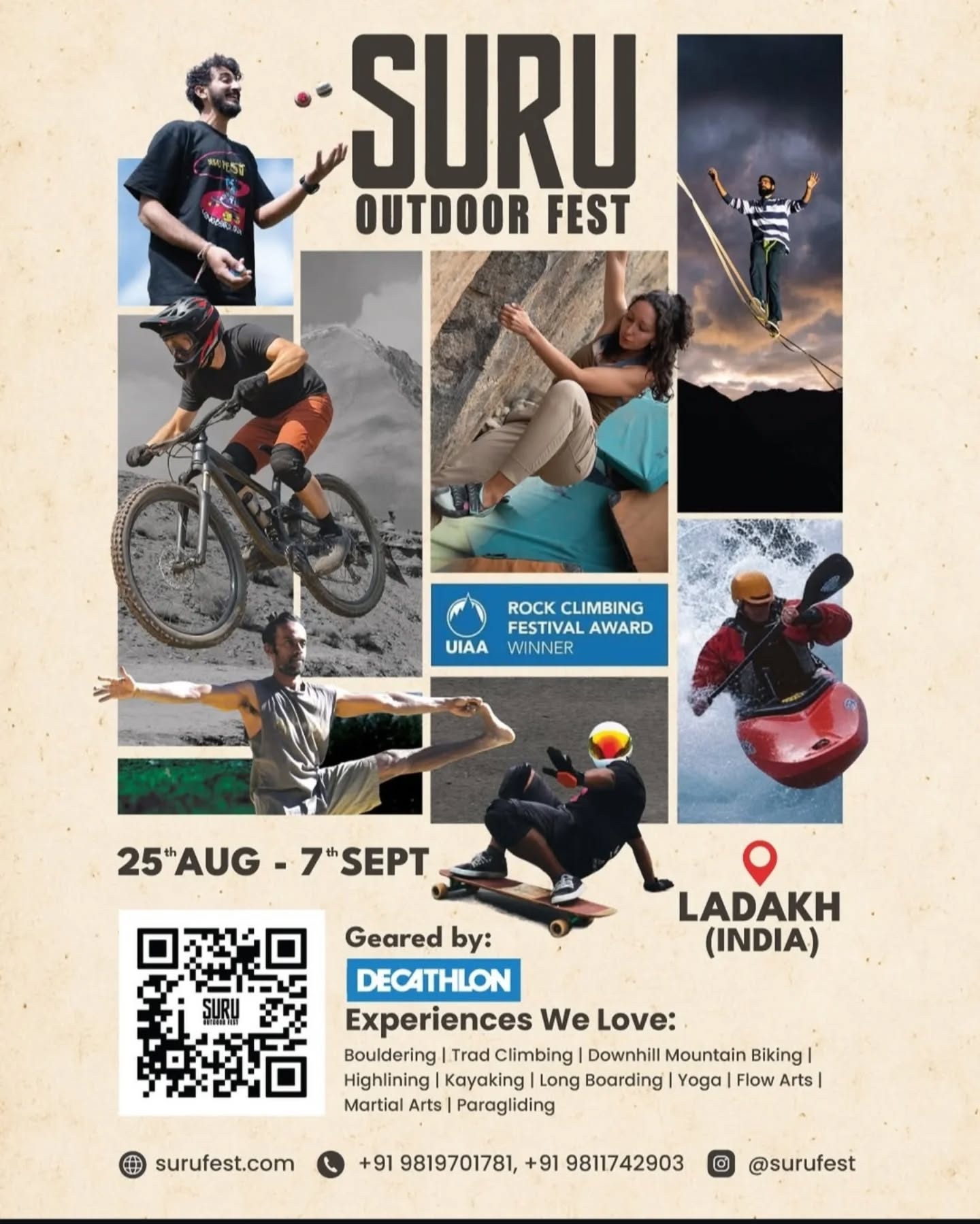 🚌 Travel Gaadi is all set to take you to India’s ultimate adventure festival – Suru Fest – now celebrating its 10th edition!
Happening from 25th August to 7th September in the breathtaking Suru Valley, this 2-week festival brings together athletes, artists, travellers, and curious souls from around the world for an unforgettable celebration of adventure, art, and community.
🌍 Whether you seek thrill, creativity, or connection – Suru Fest is where it all comes alive.
📩 Leave your enquiry now and start planning your journey with Travel Gaadi. Let the mountains move you!
#Surufest #Surufest25 #TravelGaadi #Outdoor
#Adventure #Decathlon #Festival #Bouldering #Climbing #Kayaking #Longboarding #Highlining #FlowArts #MTB #GaadiChalegiSuru #RideToSuru