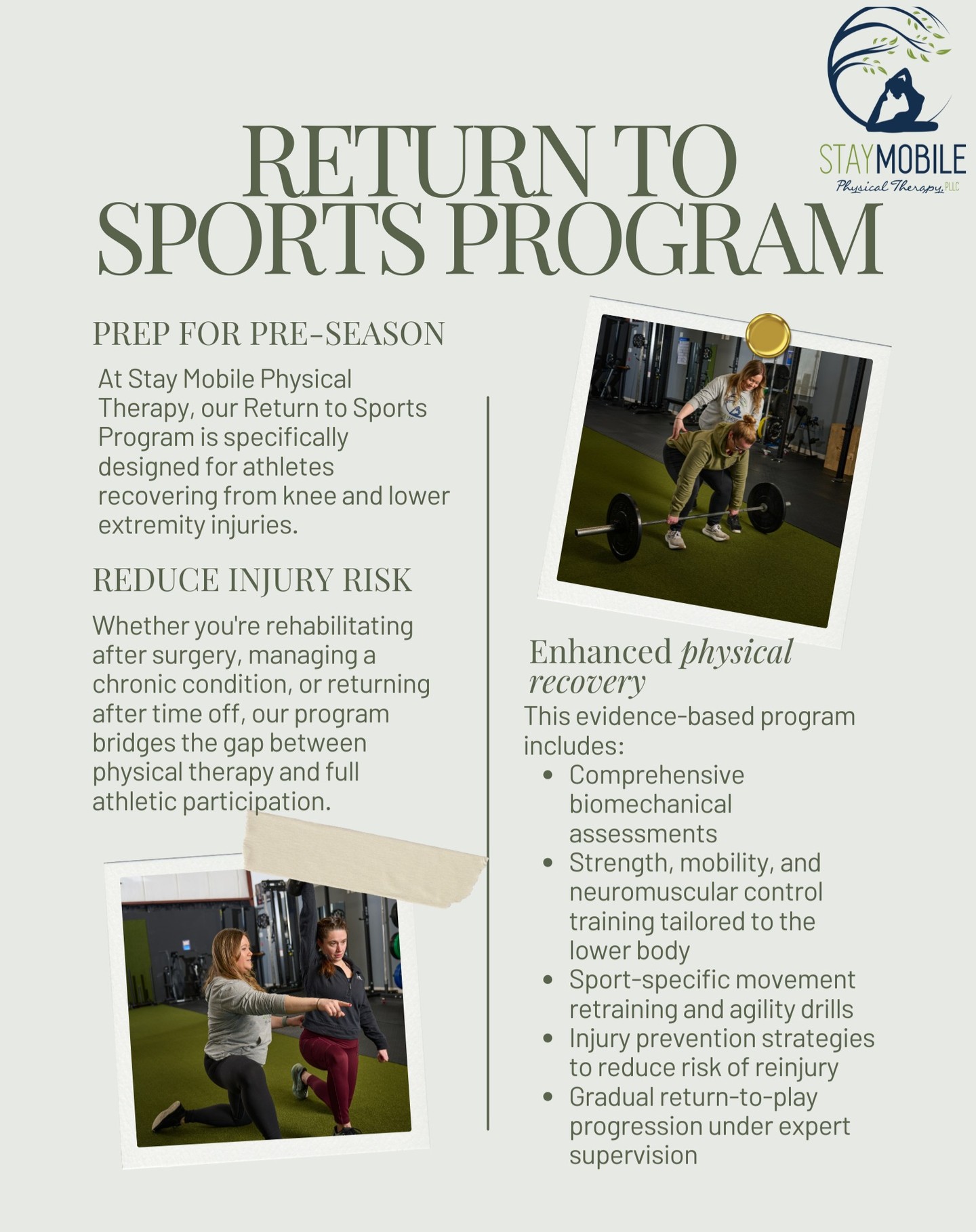🏋️♂️ Return to Sports Program 🏃♀️
Are you a high school or college athlete on summer break?
Getting ready for your first season back after surgery—or just want to stay ahead of the game before preseason?
Join our 6-week Return to Sports Program, designed and led by an experienced physical therapist and athletic trainer. This program is tailored to help athletes safely return to play, boost performance, and prevent injuries before the fall season kicks off.
✅ Personalized training
✅ Injury prevention strategies
✅ Expert guidance
✅ One session per week
Cost: $400 for 6 weeks
Location: 1 Action Blvd. Londonderry, NH
Start Date: Week of July 6th
Reserve your spot today!