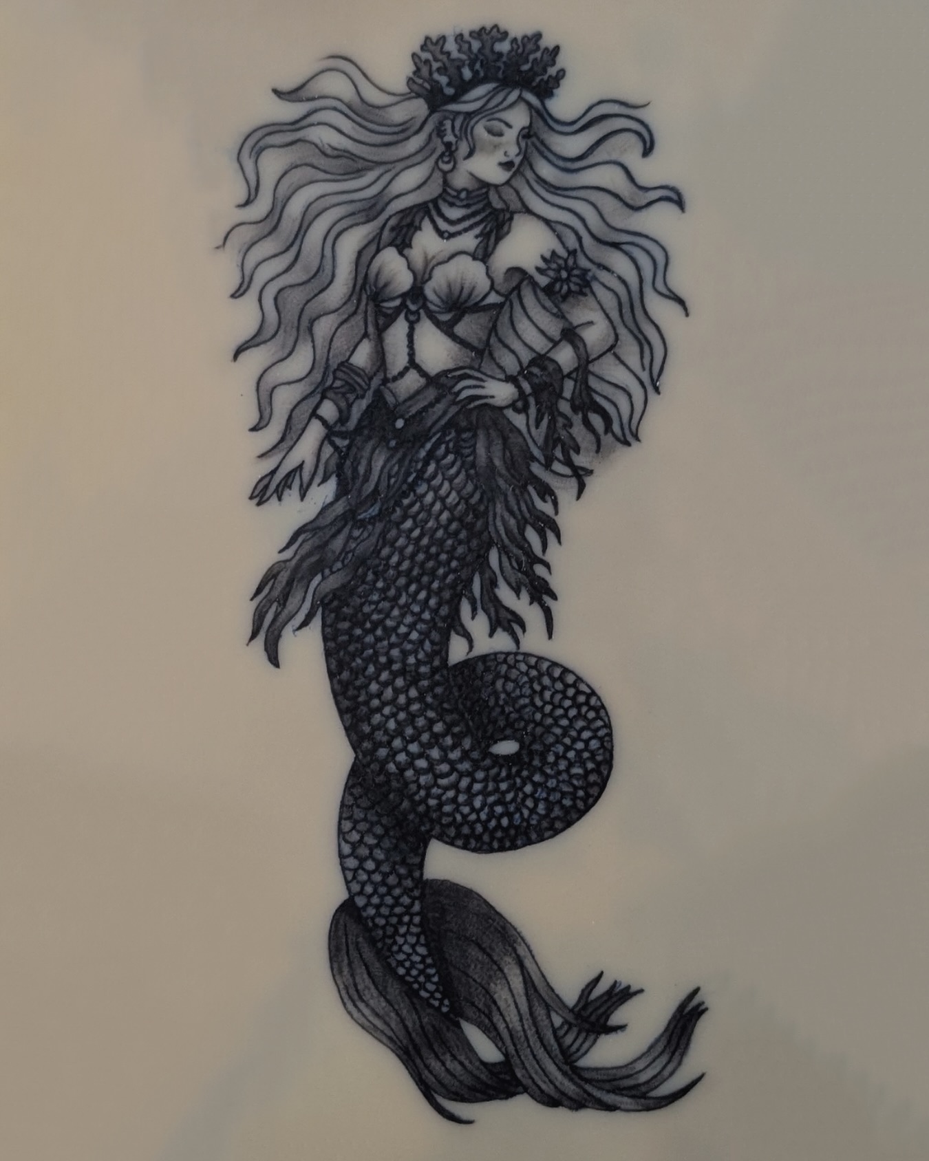 A coral crowned mermaidâĄď¸
.
Created on fake skin to practice movement, detail, and shading. This piece pushed my linework and flow, one of my best studies so far.
.
.
#mermaid #fakeskin #practice #tattoo