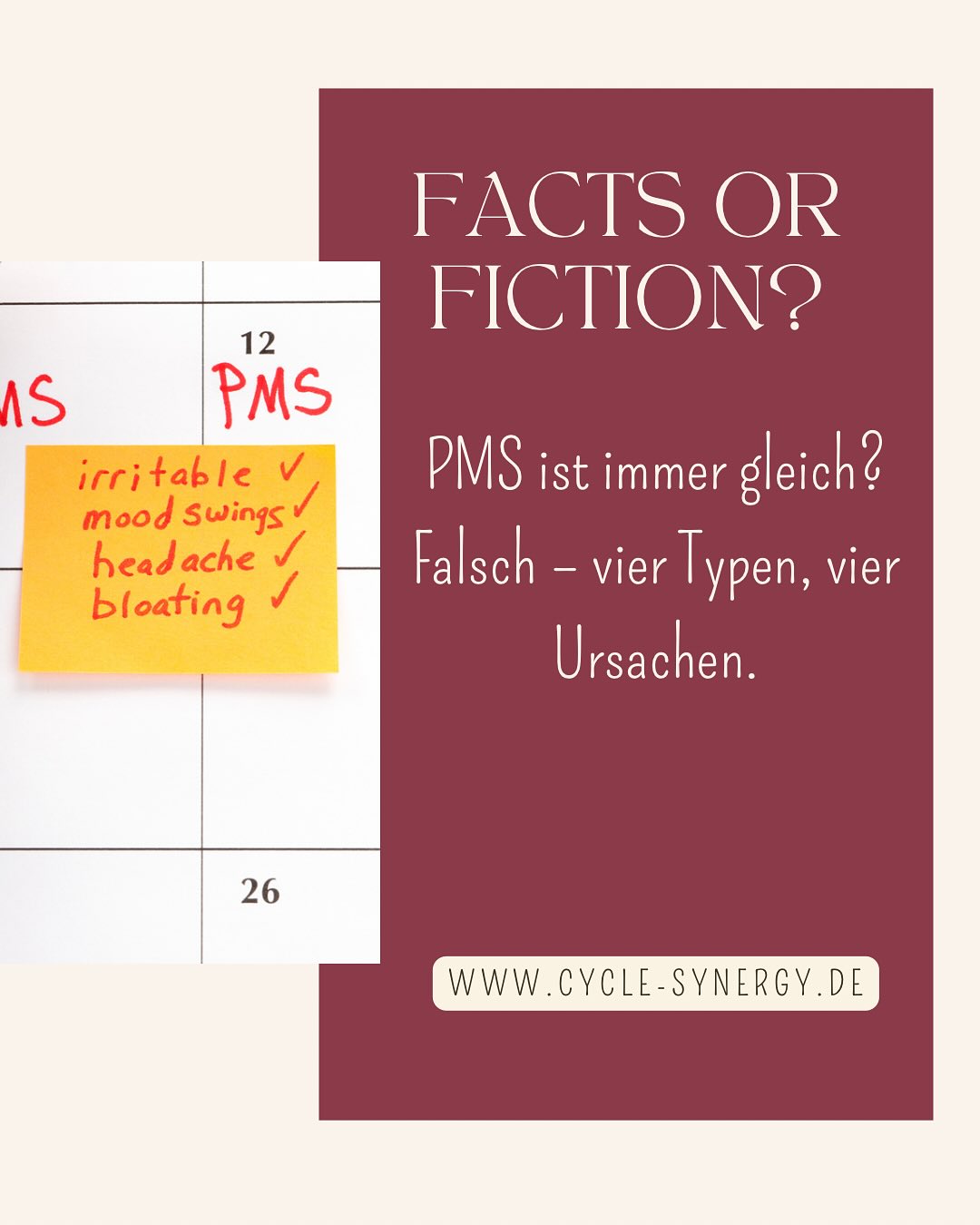 PMS ist nicht gleich PMS.
Es gibt verschiedene Ausprägungen – und je nach Typ helfen unterschiedliche Ansätze.
🔍 Was viele nicht wissen: Die Einteilung in PMS-A, -C, -D & -H stammt aus der klinischen Praxis und wird zunehmend differenziert betrachtet. Dahinter stehen hormonelle, neurochemische oder metabolische Ungleichgewichte – von Östrogendominanz bis Dopaminmangel.
💡 Die gute Nachricht: Du musst PMS nicht einfach hinnehmen. Mit gezielter Ernährung, Nährstoffen & Lifestyle-Anpassungen kannst du deine Beschwerden oft spürbar lindern.
👇 Erzähl mir in den Kommentaren:
Welcher PMS-Typ trifft am ehesten auf dich zu? Und was hilft dir in der Lutealphase am meisten?
Quellen:
- Rapkin, A. J., & Mikacich, J. A. (2008). Premenstrual syndrome and premenstrual dysphoric disorder in adolescents. Current Opinion in Obstetrics and Gynecology, 20(5), 455–463.
- Backström, T. et al. (2011). Paradoxical effects of GABA-A modulators may explain sex steroid induced negative mood symptoms in some persons. Neuroscience, 191, 46–54.
- Bertone-Johnson, E. R. et al. (2005). Calcium and vitamin D intake and risk of premenstrual syndrome. Archives of Internal Medicine, 165(11), 1246–1252.
- Briden, L. (2020). The Period Repair Manual: Natural Treatment for Better Hormones and Better Periods (2nd ed.). Pan Macmillan.
- Gottfried, S. (2021). Women, Food, and Hormones: A Four-Week Plan to Achieve Hormonal Balance, Lose Weight, and Feel Like Yourself Again. HarperWave.
#pms #zykluswissen #frauengesundheit #hormonbalance #pmshilfe