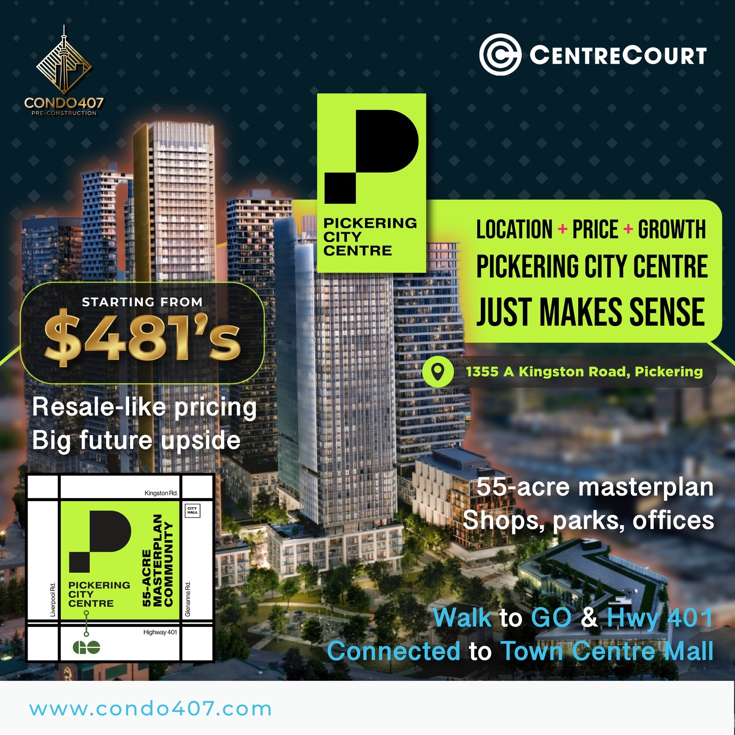 🏙️ Pickering City Centre Condo by @centrecourtinc
🔥Location. Price. Growth. Pickering City Centre just makes sense🔥
📍 1355 A Kingston Road, Pickering
💰 Staring From : $481’s
🏙️ 55-acre masterplan | 20 towers | Shops, parks, offices
🚆 Walk to GO & Hwy 401 | Connected to Town Centre Mall
💰 Resale-like pricing | Big future upside
🗓️ Staged deposit | Easy entry
📈 6,000+ units | Strong rental & resale potential
📢 Register today & don’t miss this opportunity!
📩 CONTACT ME NOW TO LEARN MORE:
☎️ 416.856.1997
☎️ 416.879.6118
📧 info@condo407.com
🌐 www.condo407.com
#PickeringCityCentre #UrbanLiving
#OntarioRealEstate #RealEstateAgent #RealEstateCanada #RealEstateInvesting #SpaciousLiving #TorontoHomes #TorontoLuxuryHomes #TreasureHill #YorkRegionHomes #thornhill #centrecourtinc #gta