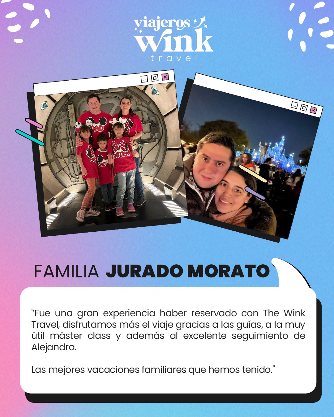 Hacer sus vacaciones realidad es nuestra principal misión, en esta ocasión les comparto el testimonio de la familia Jurado Morato, quién viajó a Disneyland🎉
¡Gracias por confiar en mí y bienvenidos a la familia de viajeros Disney Wink!✨💕🌈✈️
#viajeroswinktravel #parquesdisney #disneytravel #viajesdisney #agentedisney #agentedisneyenespañol #agentedisneycertificado #agentedisneymexico #disneyresort #hotelesdisney #disneyparks #waltdisneyworld #disneyland #disneyworld #disneymagic #disney #disneyfan #viajerosdisneywink