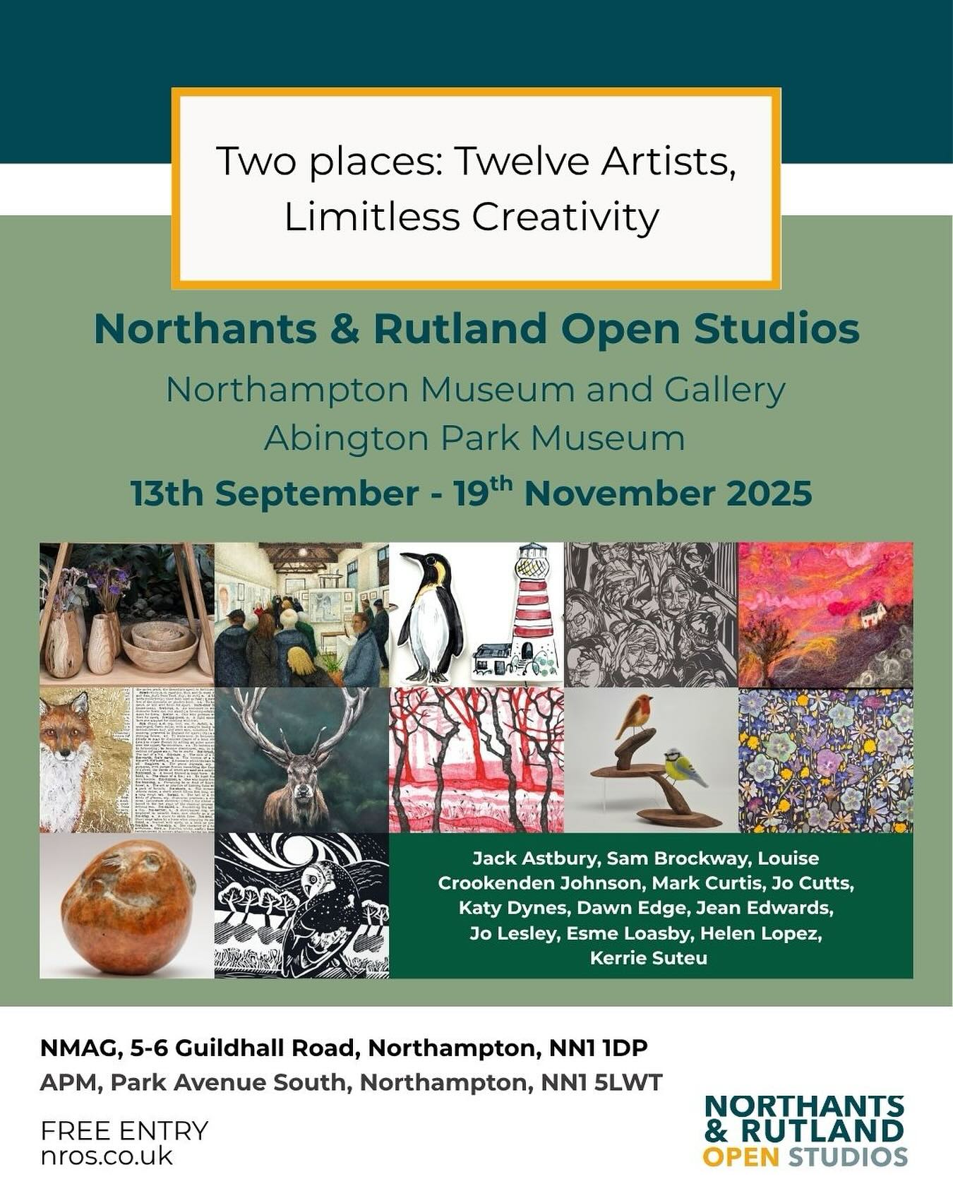 So pleased to be a part of this fabulous group of @northantsrutlandos artists exhibiting at both the @northamptonshoe and @abingtonmuseum from 13th September to 9th November!!! 😊
@louisecrookendenjohnson
@70jeanne
@darkbloomcollective @jackastburywoodwork @kittydinners @helenlopezsculptures @markcurtishughes_art @jolesleyglassart @sam_brockway @therunningpheasantuk @luminitaprints @westnorthants