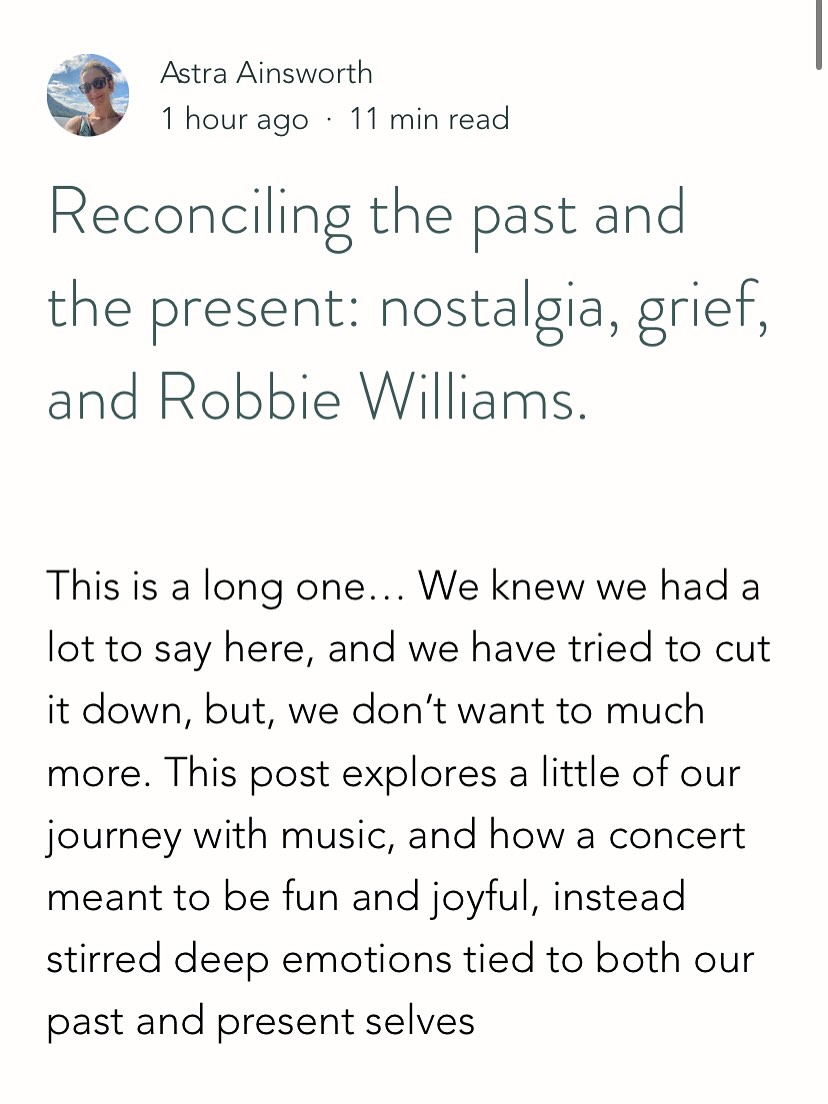 We recently went to a Robbie Williams concert, 24 years after the last time we went to one! Unsurprisingly it stirred up a whole host of emotions and we’ve had to spend a lot of time processing it, along with what’s happened since we last saw him live when we were 18.
We’ve written a blog post about it and the rollercoaster of emotions it brought up, you can read ‘Reconciling the past and the present: nostalgia, grief, and Robbie Williams’ on our website (link in bio, stories and highlights).
#did #dissociativeidentitydisorder #dissociativeidentitydisorderawareness #trauma #healing #dissociation #traumahealing #writing #robbiewilliams #robbie #grief #livemusic #blog #blogpost