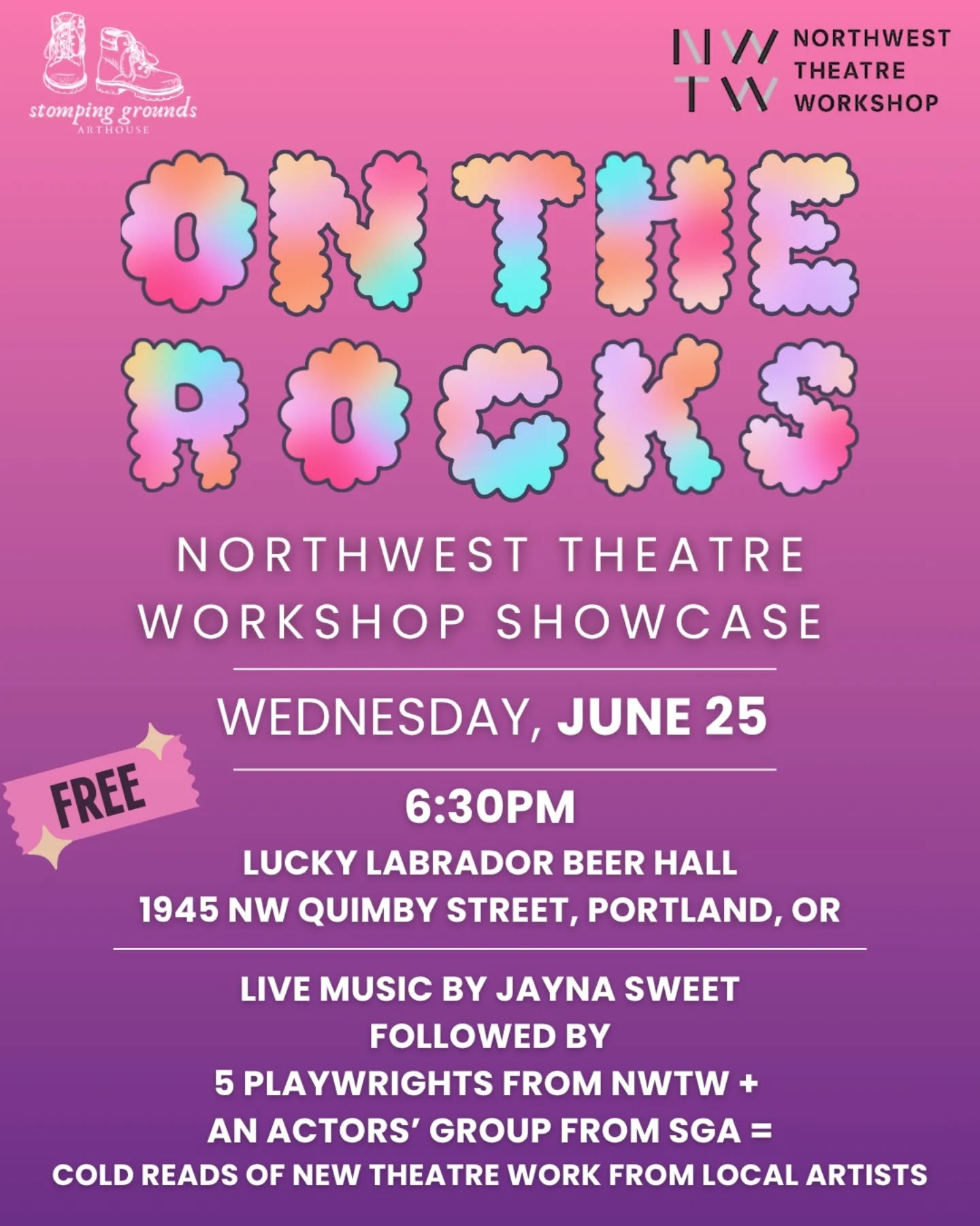 Here we go again! Join us on Wednesday, June 25th for another On the Rocks collaboration with Northwest Theatre Workshop.
After a live set by Artistic Director @jayna_sweet our group of talented actors will cold read 6 pieces by NWTW's Spring Term playwriting cohort.
We'll be at @luckylabradorbrewing NW at 6:30pm to bring you a free night of music, theatre, and community!
RSVP at the link 🔗✨