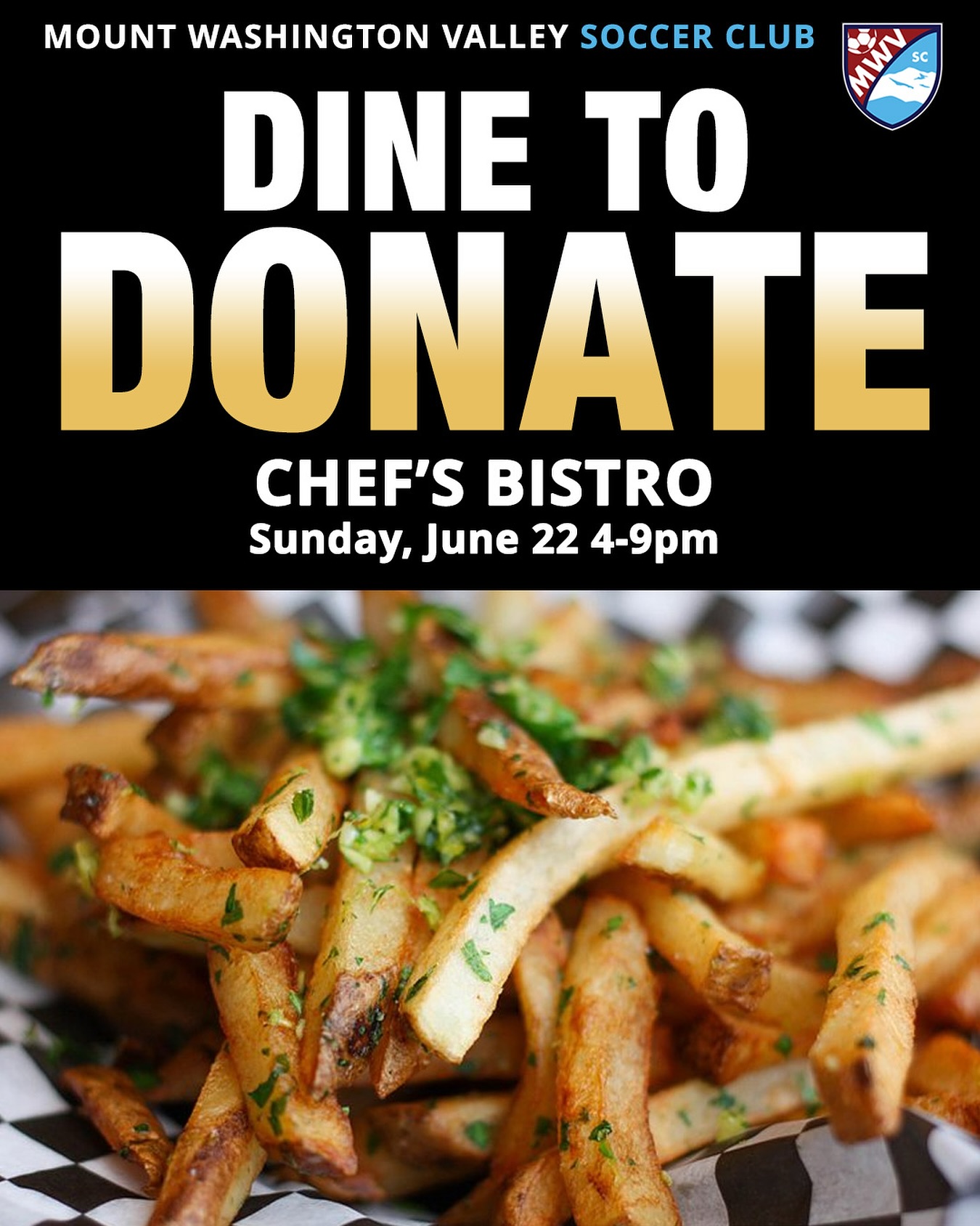 Come out to support MWV Soccer this Sunday, June 22nd at Chef’s Bistro from 4-9pm. Share the event with friends, let’s raise money for the club! ⚽️⚽️
#mwvsoccer #northconwaynh @chefsbistro_nh