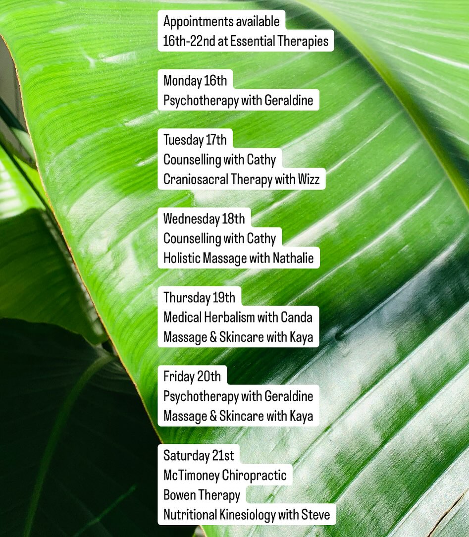 Appointments available this week @essential.therapies.sidmouth
Check out our website and get in touch to book your appointment.
www.essential-therapies.co.uk
Essential Therapies
33 High Street
Sidmouth
Devon
#naturalhealth #craniosacraldevon #herbalmedicinedevon #bowentherapydevon #mctimoneychiropractic #counsellingdevon #massagedevon #facialsdevon #sidmouth
