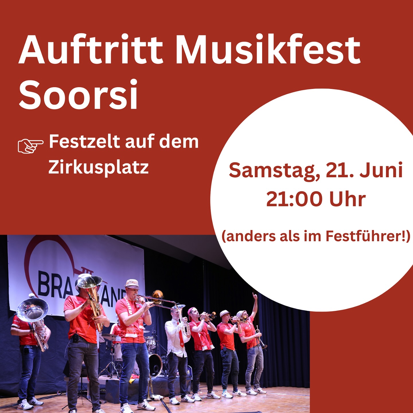 🎺 Brassianer live am Musikfest Sursee @soorsi2025
Am kommenden Samstag, 21. Juni, heisst’s Bühne frei für packenden Brass-Sound und gute Stimmung. Nicht verpassen! 🔥🎶
📍 Festzelt Zirkusplatz
📅 Samstag, 21. Juni 21:00 Uhr
#brassianer #musikfestsursee #livebrass #brasspower #soorsi2025 #blasmusikimherz #letthebrassplay