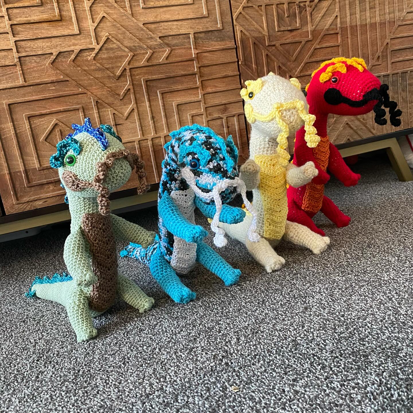 All four elements dragons done. Earth, Water, Air and Fire. #amurigumi #amurigumidragons #elementsdragons #upcycledyarn #rescueyarn #rescueyarncreatures