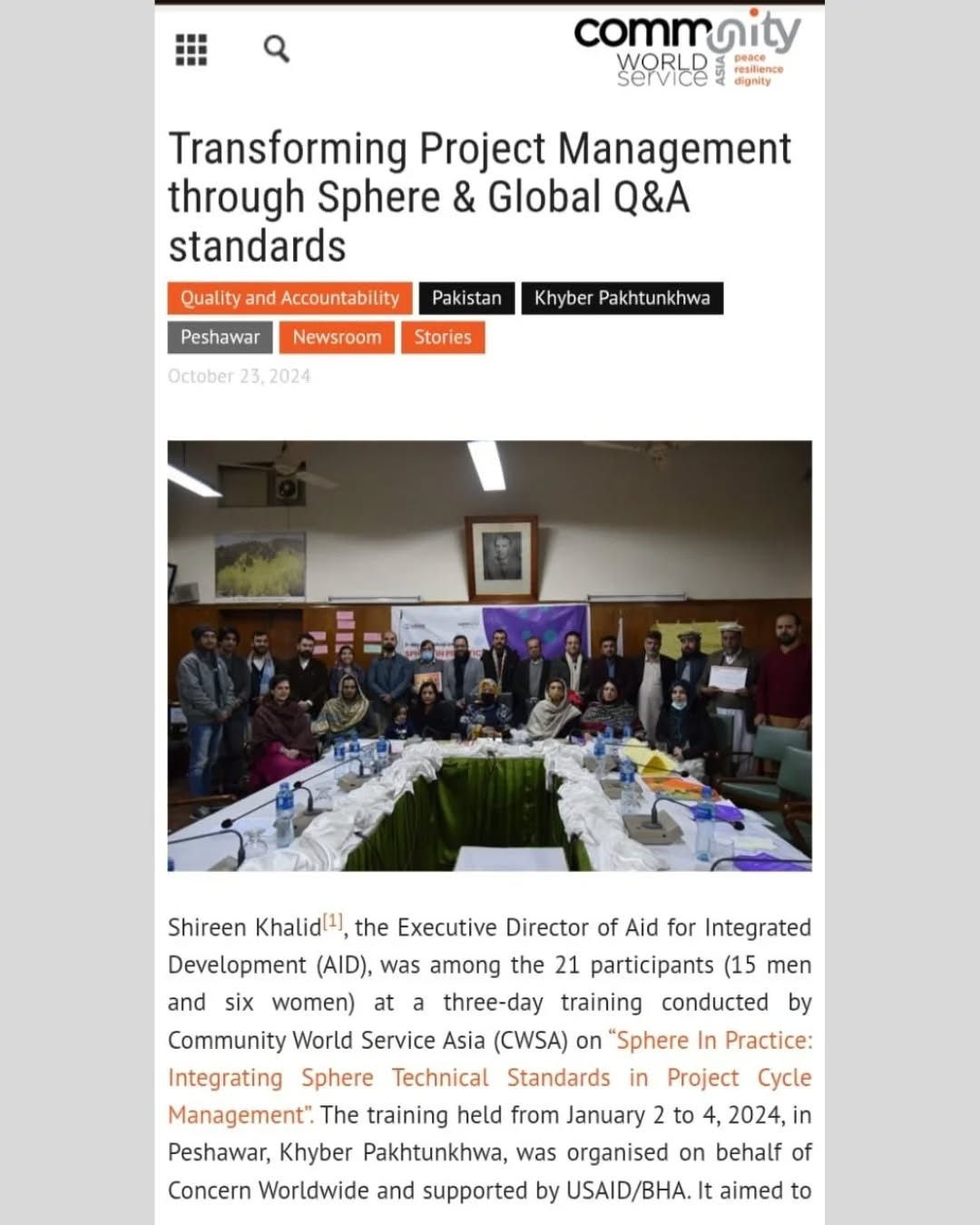 Throwback to when Community World Service Asia featured AID in one of their articles! We're still grateful for the recognition and proud to see our work highlighted in such a meaningful way.
Swipe to read the highlights head over to their website:
https://communityworldservice.asia/transforming-project-management-through-sphere-global-qa-standards/
#AIDforchange #AIDPakistan #humanityfirst #communityworldserviceasia #NonProfitWork #UnitedNations #UNHCR #Hope87 #Netherlands #GIZ #GlobalSolidarity #UN #Pakistan #Humanity #SDG #Sustainability #sustainablecitiesandcommunities #nonprofitorganisation #aid #socialwork #field #team #CommunityMatters #TogetherWeGrow #social #welfare #DevelopmentInAction #GrassrootsChange