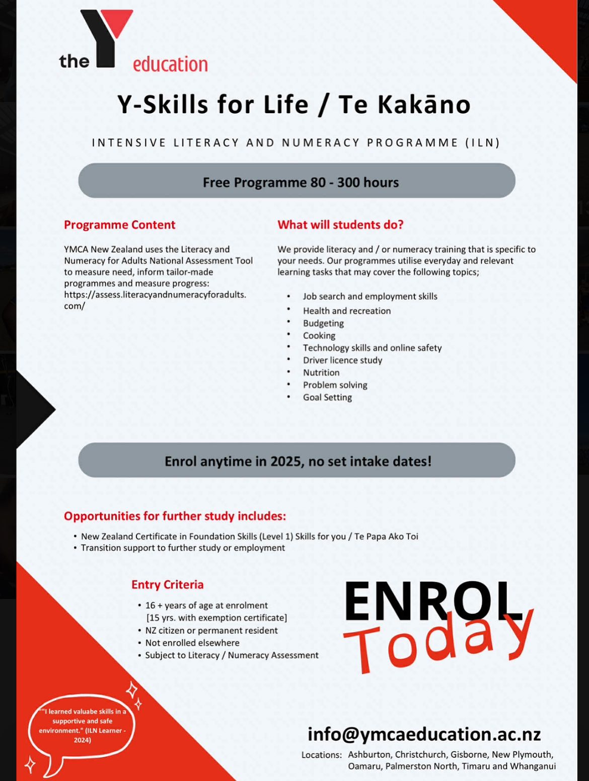 🎓 Kickstart Your Future with a Free Foundation Skills Course!
Are you aged 16–24 and haven’t yet achieved NCEA Level 1? We’ve got the perfect opportunity for you!
📘 Certificate in Level 1 Foundation Skills
✅ FREE for eligible learners
✅ Start anytime – rolling enrolments all year
✅ Learn in small groups, Monday to Thursday (9 AM–3PM)
✅ Fridays are self-paced, flexible study days
✅ 20-week programme (4 modules, ~5 weeks each)
📅 Enrolments for Term 2 are now open!
📞 Contact our office today for more information.
💡 Not quite ready yet? No worries! If your assessment shows you need extra support, we’ll start you with a 5-week Literacy & Numeracy boost – then guide you straight into the full programme.
📍 Register in person at our Town Office
👉 Bring ID (passport or birth certificate)
📋 Fill out a short enrolment form
🌟 Get started on building real skills and confidence!
💬 Message us or call for details – we’re here to help you succeed!