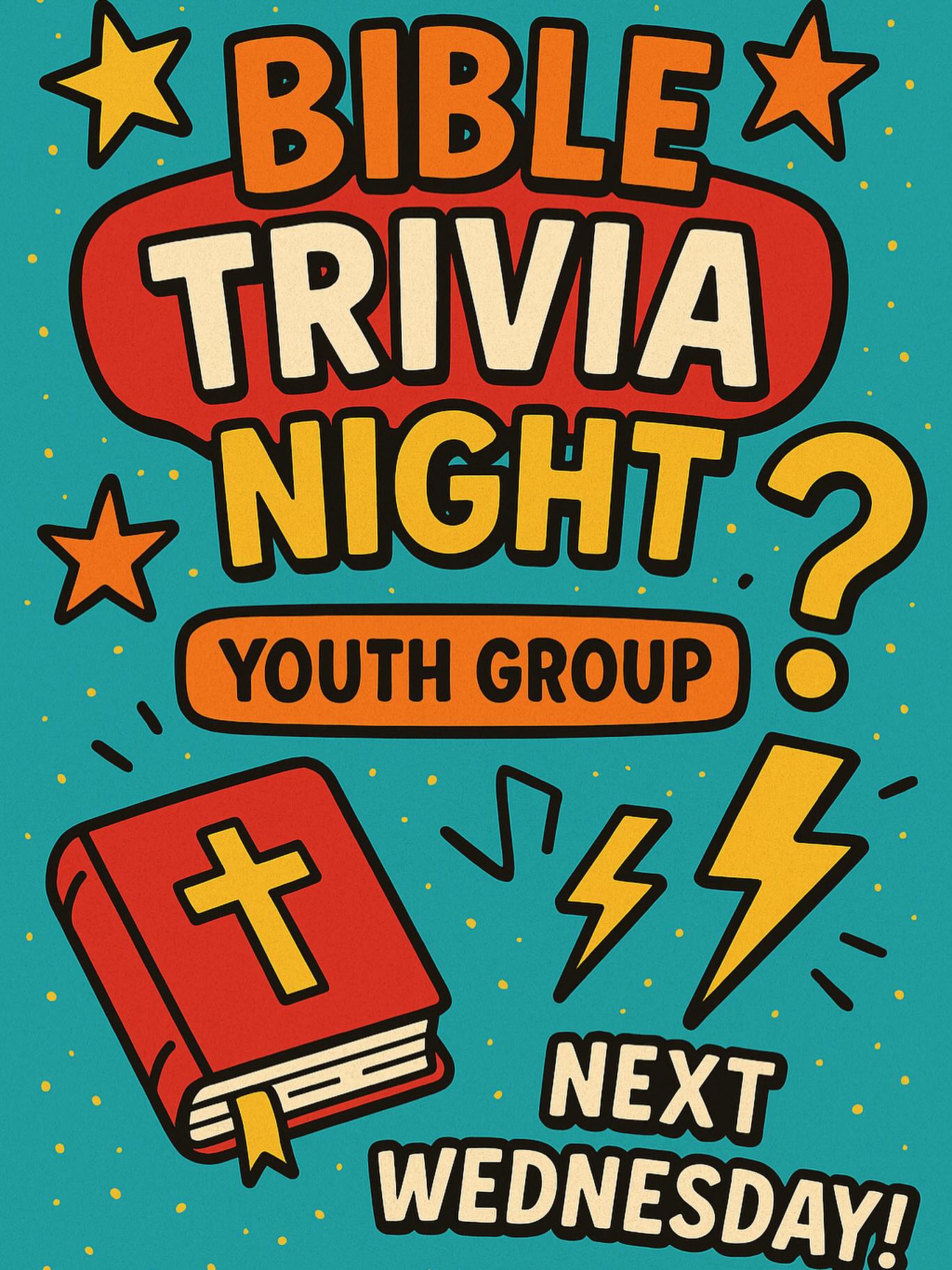 📖✨ BIBLE TRIVIA NIGHT is coming this Wednesday at 7PM!
Bring your A-game and get ready to battle it out amongst the small groups!🏆🙌