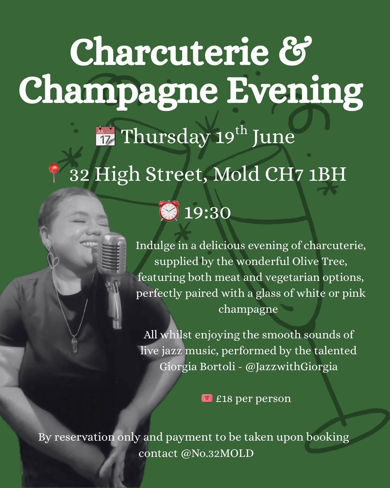 ✨ Charcuterie, Champagne & Jazz – this Thursday! ✨
Join me for an evening of smooth jazz, delicious bites, and bubbly treats at @no.32bar 💚
📍 32 High Street, Mold CH7 1BH
📅 Thursday 19th June
🕢 From 7:30pm
🎟️ £18 per person (booking required)
You’ll be treated to a gorgeous charcuterie spread by the Olive Tree (meat & veggie options!) 🍇🧀 and a glass of white or pink champagne to toast the night in style 🥂
I’ll be bringing the live jazz – come get cosy, classy, and a little bit tipsy with us 💋🎶
Booking via @no.32mold – don’t miss out! 💌
#jazzwithgiorgia #jazzsinger #charcuterieandchampagne #jazzmusic #whatsonliverpool #whatsonnorthwales #jazznight #livemusic #northwales #moldwales #eventsinger #weddingsinger