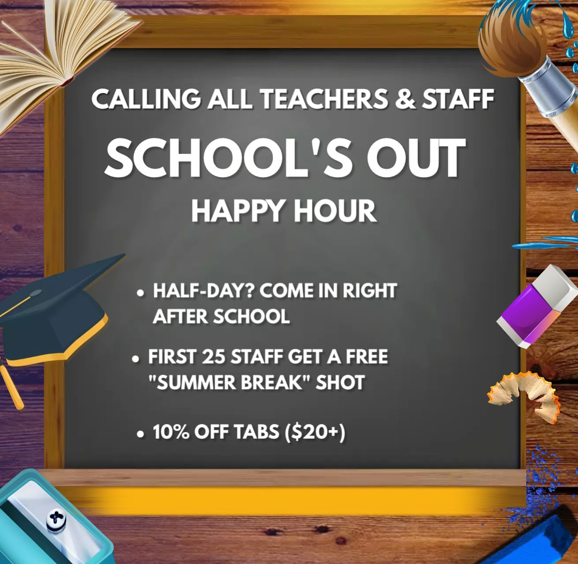 📚 School’s Out — and we’re raising a glass to ALL school staff!
Whether you teach, sweep, counsel, coach, or support… you deserve to unwind.
✅ First 25 staff get a FREE “Summer Break” shot
✅ 10% off $20+ tabs
✅ Starts at 12PM @ Horatio’s
Tag your school crew! 🍎 #HoratiosBar #CTTeachers #SchoolStaffAppreciation