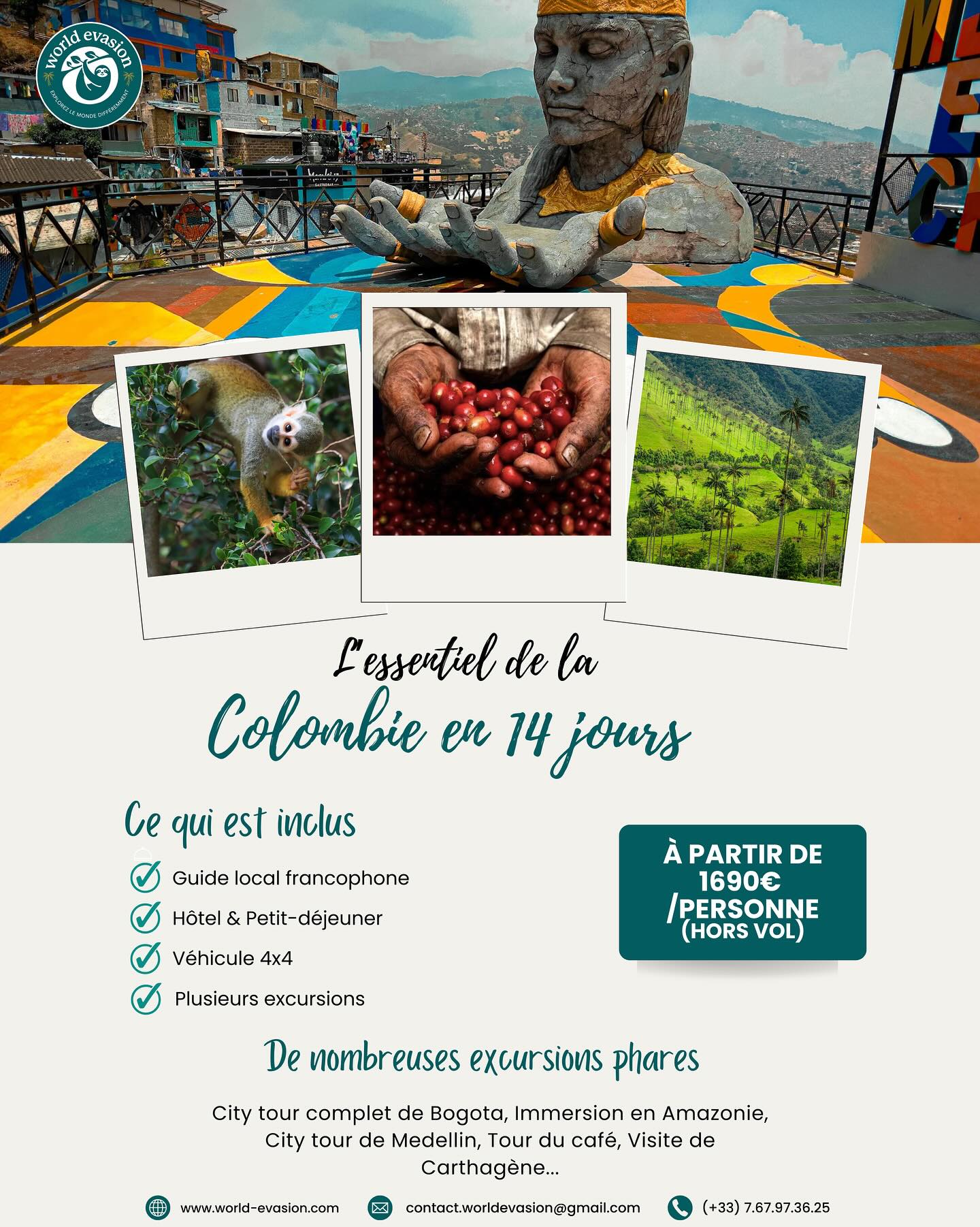 🇨🇴En route pour l’incontournable de la Colombie : 2 semaines d’évasion, de culture… et de nature XXL !
🌎Imagine-toi traverser la Colombie, entre villes coloniales, vallées verdoyantes, cafés d’exception… et jungle amazonienne.
Tu flânes dans les ruelles colorées de Carthagène, randonnes entre les palmiers géants de Cocora, découvres la Comuna 13 de Medellín, et termines ton voyage en pleine Amazonie, bercé par le chant des oiseaux tropicaux.
La Colombie, c’est un concentré d’Amérique latine : vibrante, généreuse, surprenante 💛💚💙
—
🦋Notre circuit “Incontournable de la Colombie – 14 jours”, c’est :
🚐 Tous les transports internes et hébergements inclus
🌿 Des guides locaux francophones à chaque étape clé
📱 Une assistance francophone sur place, pour un voyage fluide et serein
🌍 Un itinéraire mêlant culture, nature, rencontres et paysages époustouflants
📆Au programme de ce voyage unique :
🏙️Bogotá : quartier historique de La Candelaria, musée de l’Or, street art et vue imprenable depuis le mont Monserrate
🌴Région du café : immersion dans une plantation, randonnée dans la vallée de Cocora et visite du village coloré de Salento
🌇Medellín : découverte de la Comuna 13 et de l’évolution incroyable de la ville, entre street art et innovation
⛰️Guatapé : ascension du rocher El Peñol, balade en bateau et exploration du village aux façades multicolores
🌊Carthagène des Indes : cité coloniale aux airs de carte postale, coucher de soleil sur les remparts, ambiance afro-caribéenne
🌳Amazonie : vol vers Leticia, navigation sur le fleuve Amazone, villages indigènes, forêts primaires, faune tropicale… une immersion hors du temps au cœur de la jungle
🎯Un voyage riche et contrasté, idéal pour les curieux, les amoureux de la nature et les passionnés de culture latine💫
💰À partir de 1690€/personne (base 4 – hors vols)
📩 Intéressé(e) ? Demande le programme complet en MP ou commente ce post 👇
@world_evasion_
———
#colombie #worldevasion #voyage #visitecolombie #medellin #instagram #post #travellovers🌍 #amazonie #globetrotter