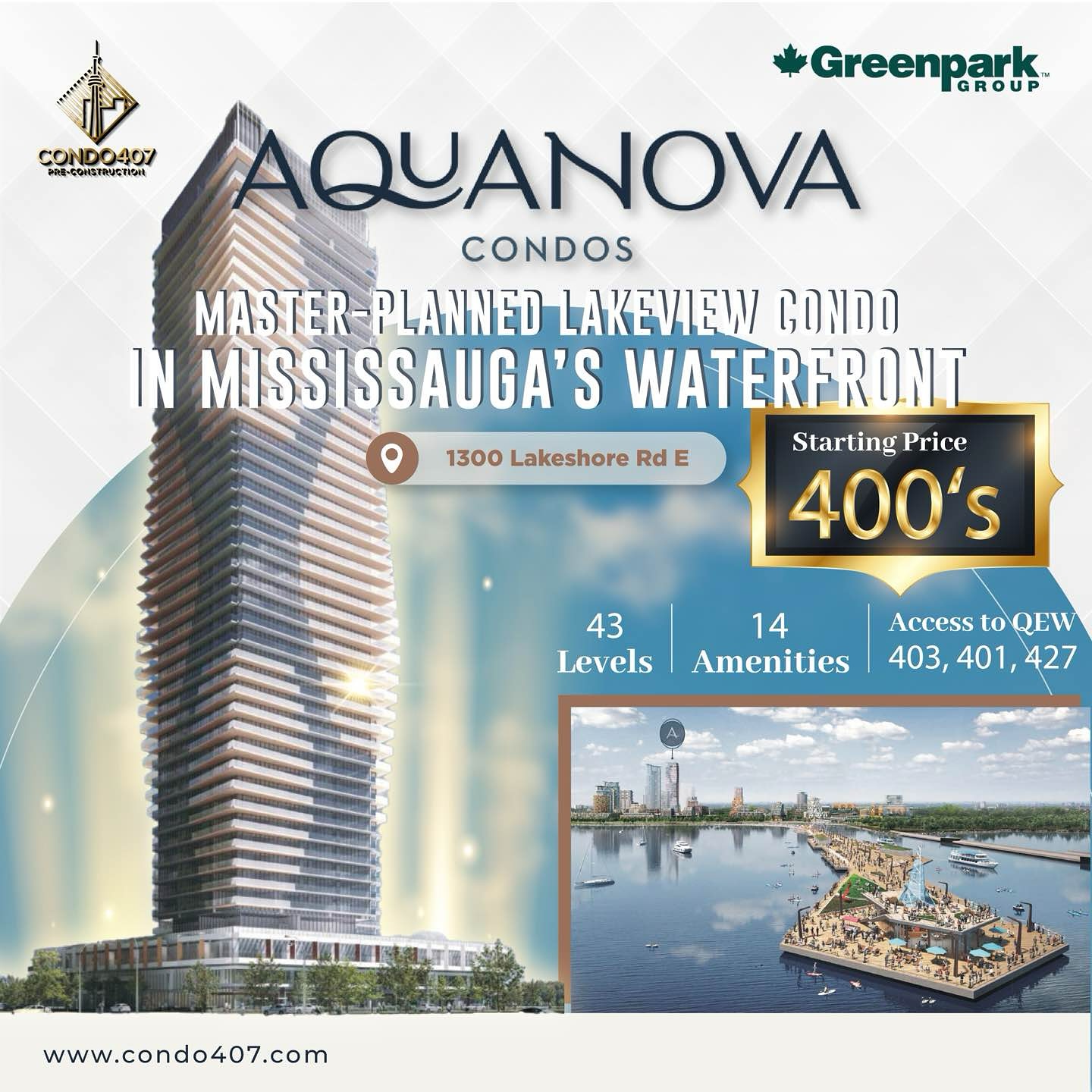 🏙️ Aquanova Condos – Waterfront Master-Planned Community in Mississauga by @greenparkgroup | NOW REGISTERING!
📍 1300 Lakeshore Rd E, Mississauga
💰 Pricing from the $400s
🛣️ Prime location with quick access to QEW, 403, 401, 427, and upcoming Hurontario LRT; minutes to Port Credit GO, Square One, U of T Mississauga & Pearson Airport
🌟 Highlights:
* 🌊 177-acre lakefront master-planned community – Lakeview Village
* 🏞️ 64-acre conservation area, waterfront trails, parks & urban beaches
* 🏢 State-of-the-art amenities: fitness centre, indoor pool, rooftop terrace, kids’ play area, lounge, 24/7 concierge
* 🛍️ Walkable to shops, cafes, restaurants, markets, schools & Trillium Health Partners Hospital
* 🏗️ Trusted builder Greenpark Homes – over 82,000 homes built since 1967
📢 Register today & don’t miss this opportunity!
📩 CONTACT ME NOW TO LEARN MORE:
☎️ 416.856.1997
☎️ 416.879.6118
📧 info@condo407.com
🌐 www.condo407.com
#AquanovaCondos #waterfront
#OntarioRealEstate #RealEstateAgent #RealEstateCanada #RealEstateInvesting #SpaciousLiving #TorontoHomes #TorontoLuxuryHomes #TreasureHill #mississauga