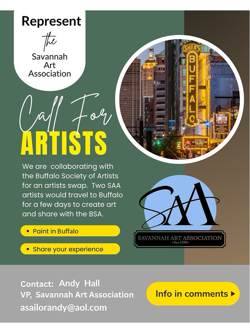 ‼️Announcing an exciting opportunity to collaborate with a sisters art association in Buffalo, NY! @buffalosocietyofartists
.
Two SAA members would be hosted in Buffalo by members of the BSA for a few days to create and share art. In return, two BSA members will be hosted by members here in Savannah from the SAA
.
Traveling artists would spend a couple of days creating art and then present their work to the hosting association. This is not an expenses paid trip, but host housing is provided
.
If you are interested, please contact our SAA Vice President, Andy Hall at asailorandy@aol.com
