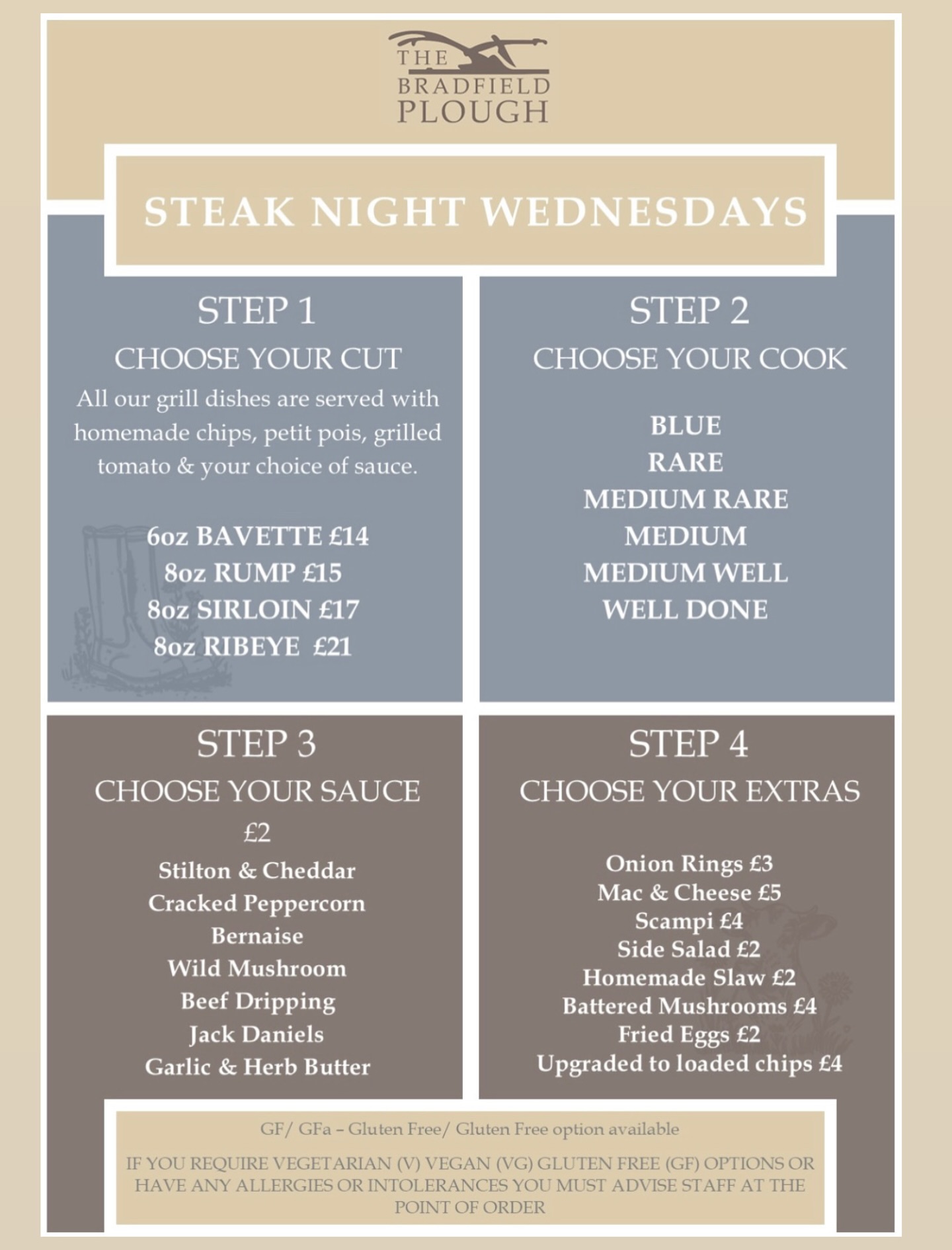 🍽 STEAK NIGHT 🥩
Every Wednesday from 12 PM - 9 PM
Join us for a mouth-watering evening featuring juicy steaks, perfectly cooked to your liking!
🔥 Choose your Steak:
Ribeye 🥩 – Tender, rich, and full of flavor
Sirloin 🥩 – Lean, delicious, and grilled to perfection
Bavette 🥩 – A flavour-packed, melt-in-your-mouth cut
Rump 🥩 – Firm, juicy, and perfect for steak lovers!
🍟 Choose your cook and your sides and you’re good to go!
🍻 Pair with a Pint:
Ask about our beer and wine pairing specials!
👨🍳 Sizzling to Perfection. Come hungry – leave happy!