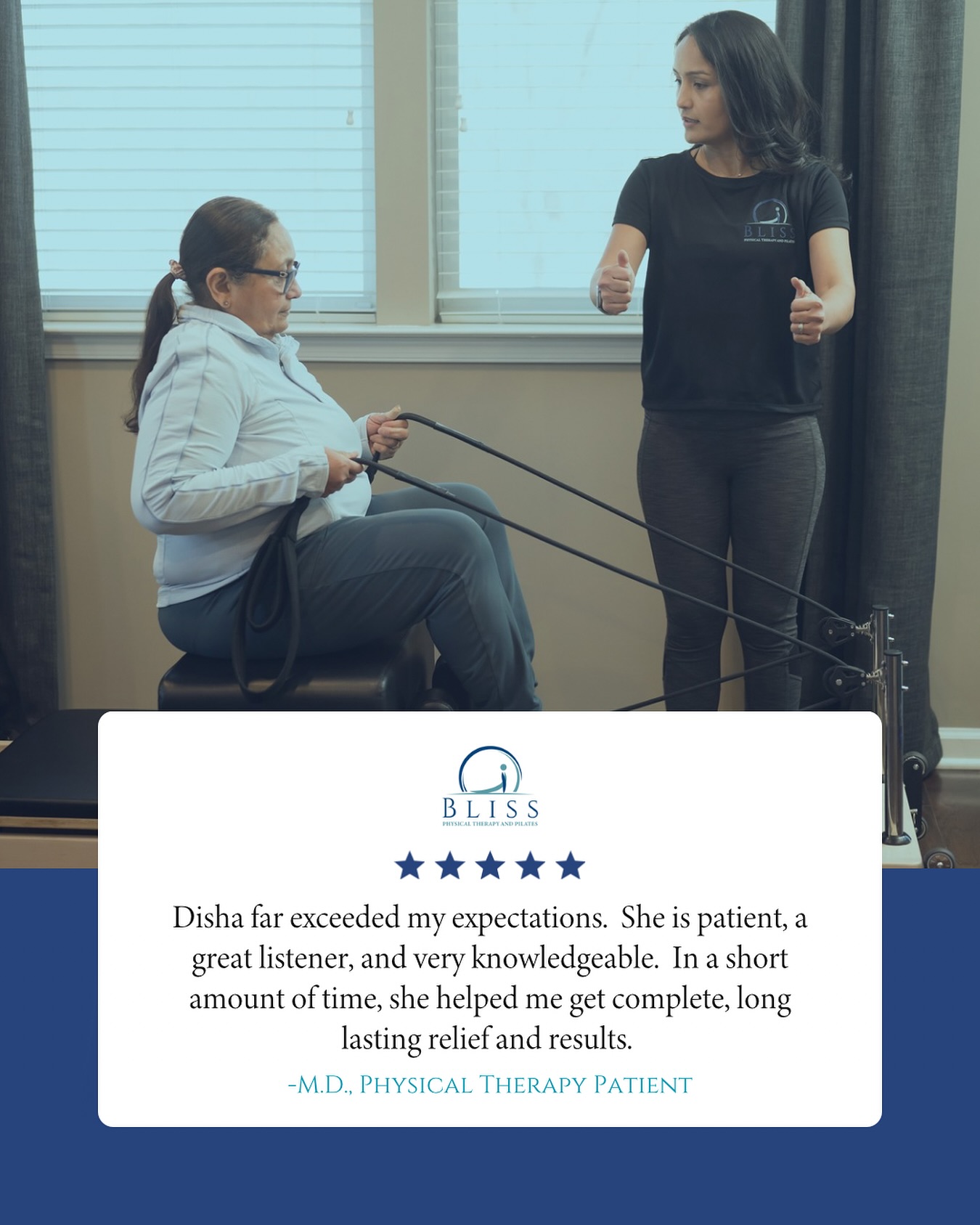 “Disha is simply the best! I have been to many doctors and therapists trying to get a resolution on various issues. Usually, I would get some relief but could never get complete resolution and my issues would come back. After major emergency surgery, I came to see Disha on my specialist’s recommendation. My expectations were pretty low because I had had 3 abdominal surgeries at that point. I knew I could get some improvement. But Disha far exceeded my expectations. She is patient, a great listener, and very knowledgeable. In a short amount of time, she helped me get complete, long lasting relief and results. She takes a very holistic approach and gets to the root cause of my problem. I’m so grateful for her encouragement and guidance in helping me get this far!!!!”
#PilatesForMoms #PrenatalPilates #PostnatalFitness #BlissPhysicalTherapy #PregnancyFitness #PostpartumJourney #FitPregnancy #PostpartumRecovery #StrongMoms #PregnancyWellness #PelvicFloorHealth #CoreRehabilitation #MomLifeFitness #NewMomFitness #PostBabyBody #HealthyPregnancy #MomsWhoPilates #SouthNJPT #SouthNJPilates #MarltonNJPT #MarltonNJPilates #SouthJerseyPhysicalTherapy #SouthNJMoms #SouthJerseyMoms #JerseyMom #JerseyMoms