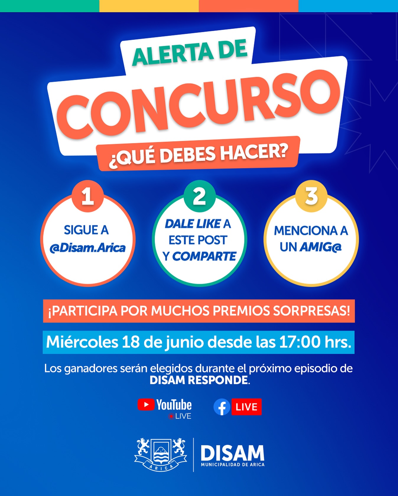 🔉¡𝗔𝗟𝗘𝗥𝗧𝗔 𝗗𝗘 𝗖𝗢𝗡𝗖𝗨𝗥𝗦𝗢! 🤩
Sigue los pasos de nuestro concurso y estarás participando por una membresía a un gimnasio 🏋️ 😏 y muchos kit de prevención DISAM.
Seguimos promoviendo la vida saludable de nuestra comunidad. 💪🏼
Recuerda participar junto a nosotros este miércoles 18 de junio desde las 17:00 ⏰ La persona con más interacciones en nuestras redes sociales será el ganador. 🥇