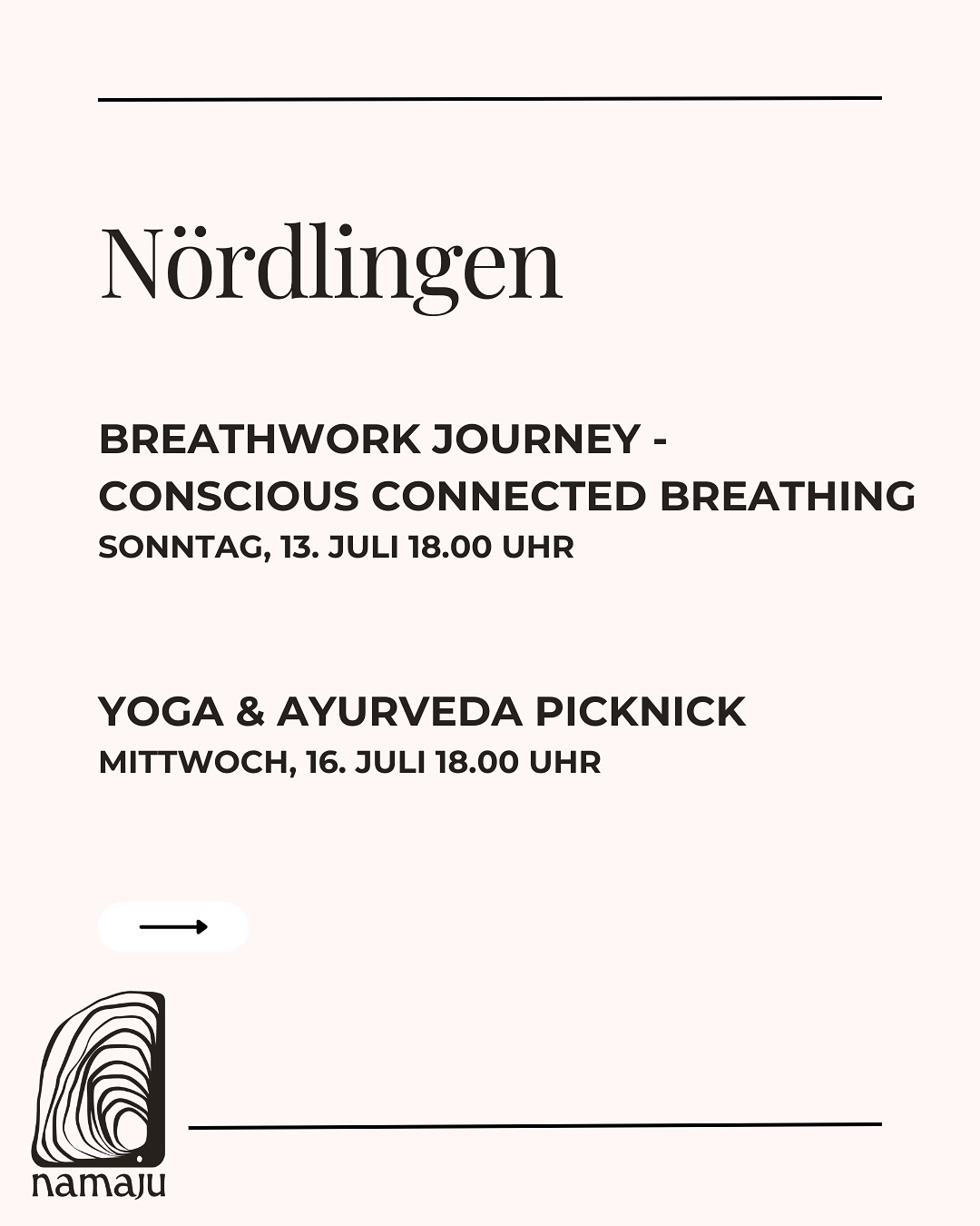 Conscious Connected Breath ist eine dynamische Atemtechnik die hilft, unterdrückte Emotionen und physische Blockaden zu lösen, indem eine tiefe Verbindung zwischen dem Bewusstsein und dem Körper herstellt.
Sei dabei am
Sonntag, 13. Juli 18.00 Uhr Nördlingen
ODER
Montag, 14. Juli 18.00 Uhr Unterschneidheim
Und vielleicht kennst du schon mein liebstes Event???
YOGA & AYURVEDA PICKNICK
Mittwoch, 16. Juli 18.00 Uhr Pflaumloch
Kommentiere BREATHWORK oder PICKNICK & ich schicke dir den Link.
#Breathworkjourney #consciousconnectedbreathwork #healingjourney #holistichealth #nördlingen #ayurveda #picknick #eventsimries