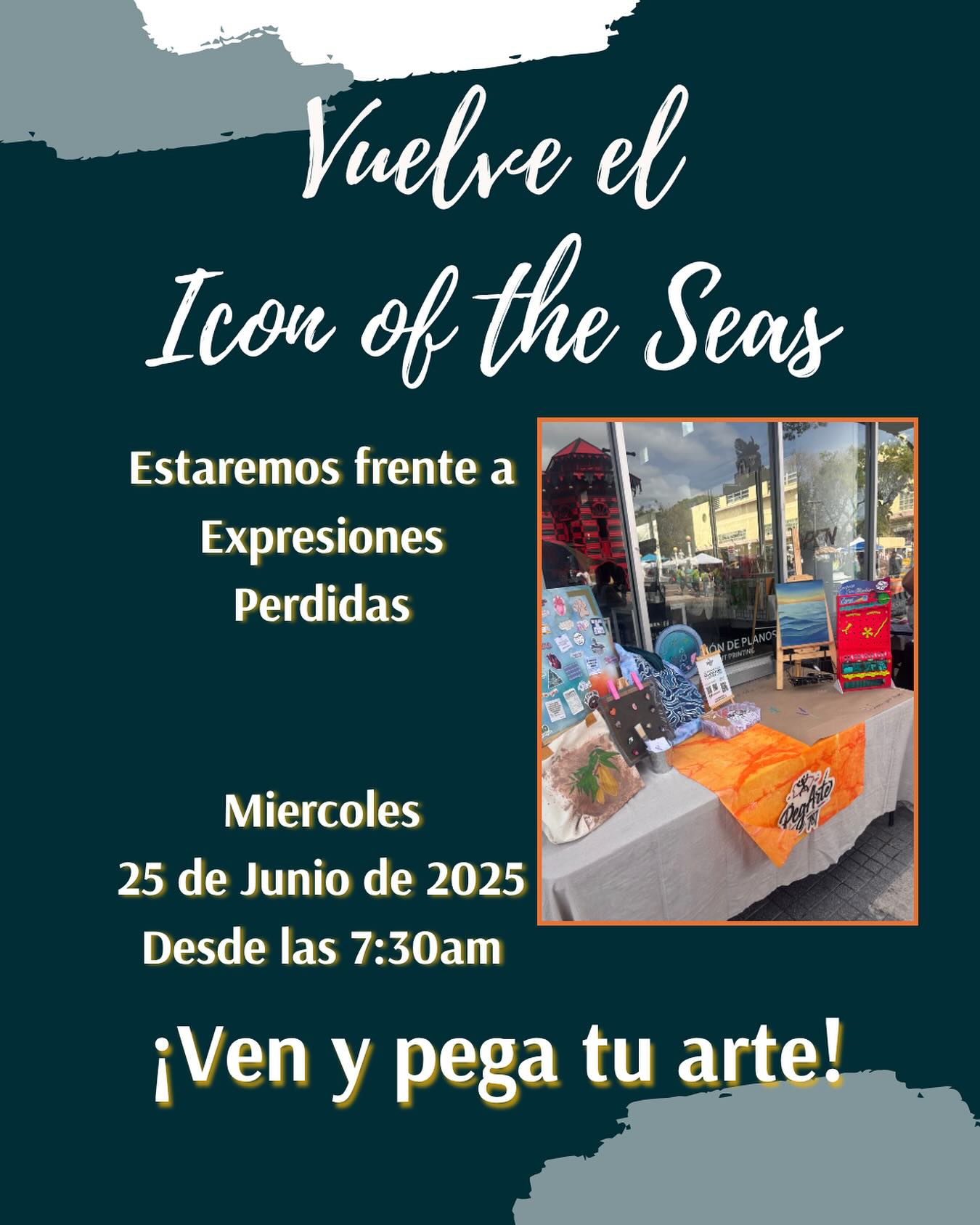 🌊✨ ¡Este miércoles 25 Junio vuelve el Icon of the Seas a Ponce y nosotros estaremos listos para recibirlos con mucho arte local!
Gracias a Expresiones Perdidas, montaremos nuestra mesa frente a su tienda, justo en frente del Parque de Bombas en Ponce. Desde las 7:30 a.m. podrán pasar a descubrir nuestros stickers, tote bags, accesorios y todas las creaciones hechas con amor boricua.
Si estás de paseo por el pueblo o vienes del crucero, pasa, saluda y ¡pega tu arte con nosotros! 🎨💙
Apoya el talento local y lleva contigo un pedacito de PegArte787.