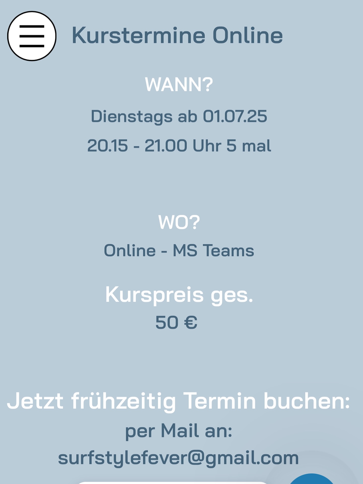 🌀 Balance in dein Wohnzimmer bringen – ganz easy online! 🌀
⠀
Ab dem 01.07.25 starten wieder unsere Online Balance Board Kurse!
Immer dienstags, 20:15 – 21:00 Uhr – 5 Termine für nur 50 € 🏄♀️
⠀
👉 Wo? Gemütlich von daheim – via MS Teams
⠀
Ob du deine Balance verbessern willst, nach nem langen Tag abschalten oder einfach was Neues ausprobieren magst – let’s ride! 💻🌊
⠀
📩 Schreib mir frühzeitig für deine Anmeldung: surfstylefever@gmail.com
⠀
#balanceboardkurs #onlinekurs #balanceyourlife #surfstylefever #balanceboardtraining #nachhaltigtrainieren #surfvibeszuhause #bewegungtutgut #onlinetraining
⸻
Wenn du magst, kann ich dir das auch noch als Story-Variante mit Textvorschlägen machen!