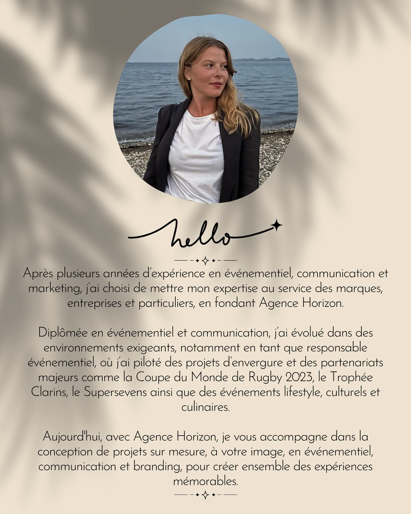 Et si on faisait connaissance ? 👋
Moi c’est Charlotte. En 2021, j’ai choisi de me lancer dans l’aventure entrepreneuriale avec une envie profonde : créer, partager ma passion, accompagner et donner envie aux idées qui comptent.
À travers Agence Horizon, je vous aide à voir plus loin, à imaginer autrement et à transformer vos projets en belles réalités. ☀️
#AgenceHorizon #entrepreneur #evenementiel #communication #branding