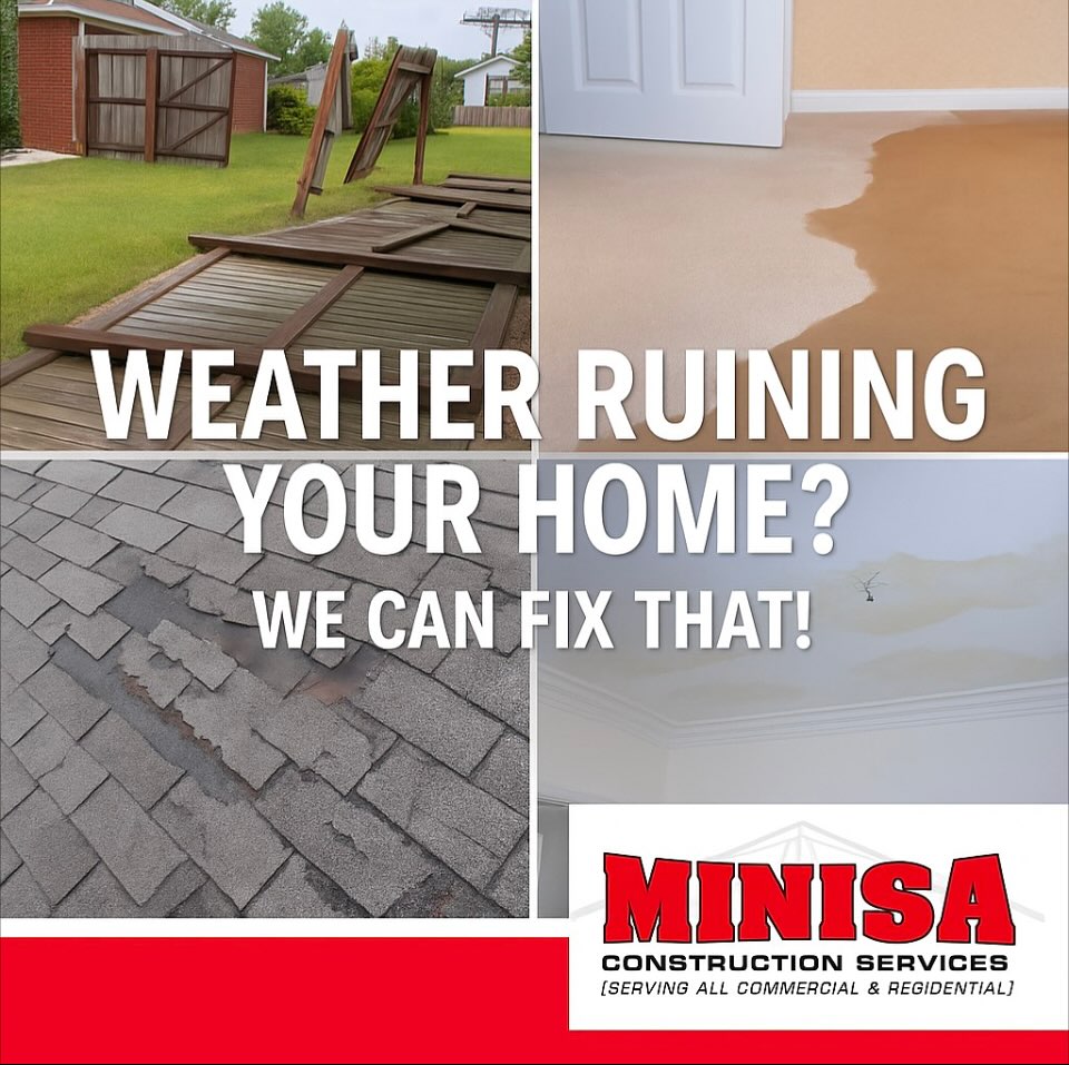 🛠️ Weather Damage? We’ve Got You Covered! 🏠
Storms, leaks, wind, or hail—Kansas weather can be brutal on your home. Whether it’s a fallen fence, water-stained ceilings, or roof damage, Minisa Construction Services is here to make it right!
✅ Roof Repairs
✅ Water Damage Restoration
✅ Fence Rebuilds
✅ Ceiling & Drywall Fixes
… and more!
📍Serving ALL Commercial & Residential Needs
📲 Use the link in our bio today for a free estimate!
#HomeRepair #RoofDamage #StormDamage #HoustonConstruction #TexasHomes #WaterDamage #FenceRepair #MinisaConstruction #WeatherProofYourHome #ConstructionServices