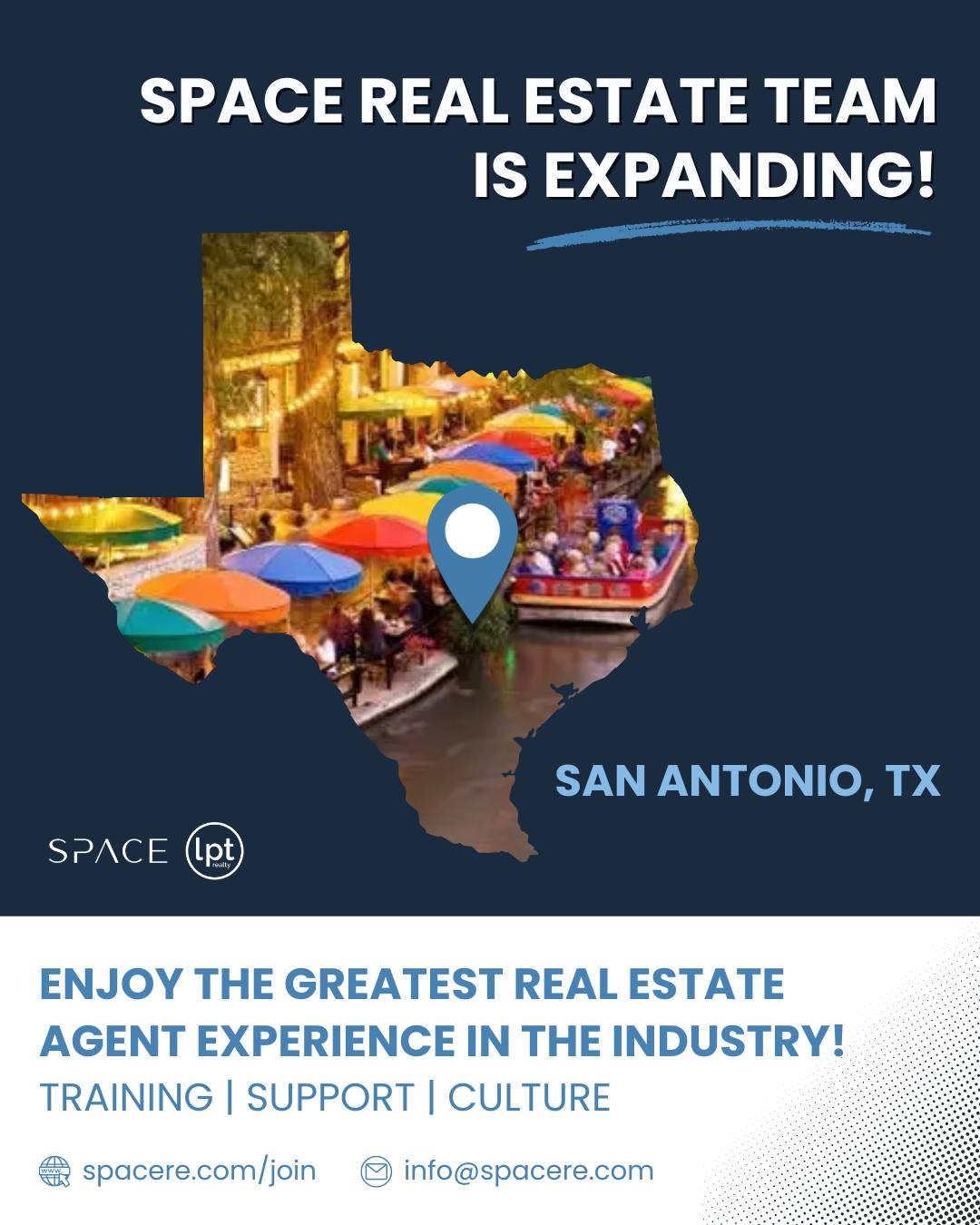 San Antonio agents, we’re coming your way!
SPACE Real Estate is officially expanding into San Antonio, TX and we’re looking for driven agents who are ready to level up.
With industry-leading training, unmatched support, and a culture that puts agents first, SPACE is where growth-minded professionals thrive.
Join the movement.
Build your business.
Experience SPACE.
Learn more: spacere.com/join