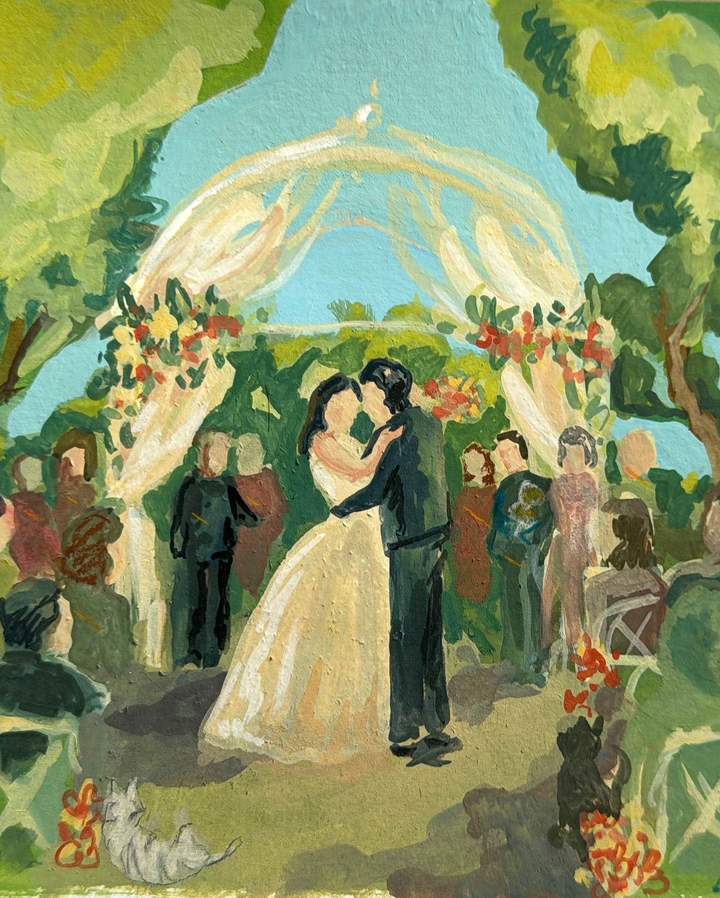 Ce projet est un clin d'œil.. parfois il y a des boucles étonnantes comme pour clore des chapitres! Vous ne le savez peut-être pas, mais ce travail est étroitement lié à l'une de mes vies de chat !
Il y a 10 ans, je naviguais dans l’univers du mariage en tant qu'hôtesse puis décoratrice et formatrice 💒
Une connaissance d’un ami m'a recommandée pour peindre un mariage dans une forme d’urgence avec seulement un mois pour organiser ce projet 😱 on a eu le temps de faire un seul rendez-vous avec les témoins pour valider ma maquette (photo 1) et voir ce qu’on pouvait imaginer dans le délai imparti à l’aide de visuel d’inspiration avec une demande particulière…
Le jour J :
Après installation du matériel, J’ai commencé à peindre le décor du mariage comme base, avant l’arrivée des invités. C’était ma toute première expérience dans l’événementiel de ce type. Et j’ai très vite retrouver l’ambiance événementiel… sportive 😂
@maison.vilar
#Mariage #Wedding #ArtWork #Peinture #Événementiel