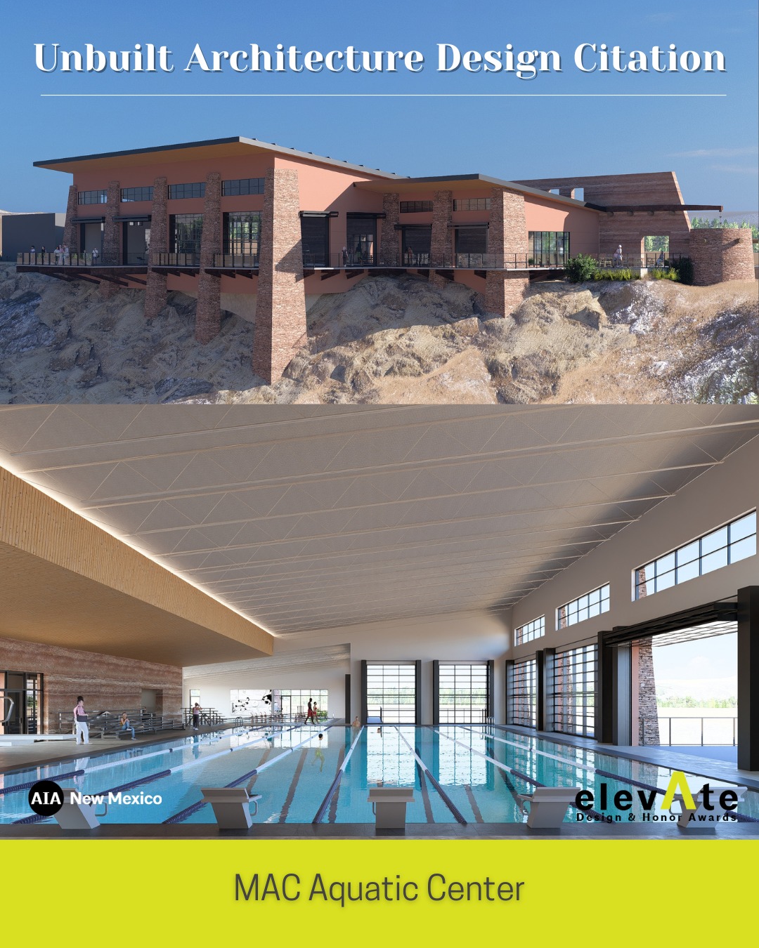 elevAte 2025 Unbuilt Architecture Design Citation Award: MAC Aquatic Center
This project immediately caught the jurors’ attention.
It demonstrates a very thoughtful approach, with all the ingredients for something truly special.
The architect responded authentically to the site and the locale, and even took advantage of the spectacular views for swimmers and those not swimming alike.
The jury is shocked that a project this well designed will not eventually be realized, and appreciates the amount of effort that went into this project regardless.
The jury also noted in particular, that the way the project was presented was particularly compelling, with storytelling that walked the jury through key decisions that lent context and drew them into the heart of the project.
by Archis Architects
Owner: Miguel & Audrey Castillo
Thank you to our Design Awards Jury Chair, Rod Ashley!
#architecture #design #awards #newmexico #elevate #unbuilt #unbuiltarchitecture #aquaticcenter #aquatics #natatorium #santafe @archisarchitects