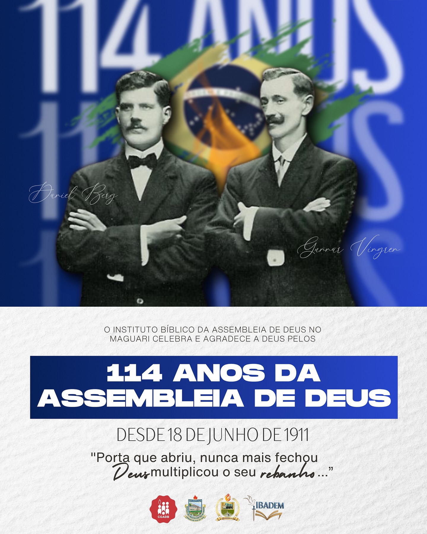 Há 114 anunciando que Jesus Cristo é o mesmo ontem, hoje e será eternamente!
Louvamos a Deus pelas portas que um dia se abriram e permanecem abertas a amar, ensinar e servir. A chama Pentecostal que chegou em nós, não se apagará! Continuaremos ensinando a Palavra de Deus, e que Jesus Cristo cura, salva, liberta, batiza e em breve voltará! 🔥📖