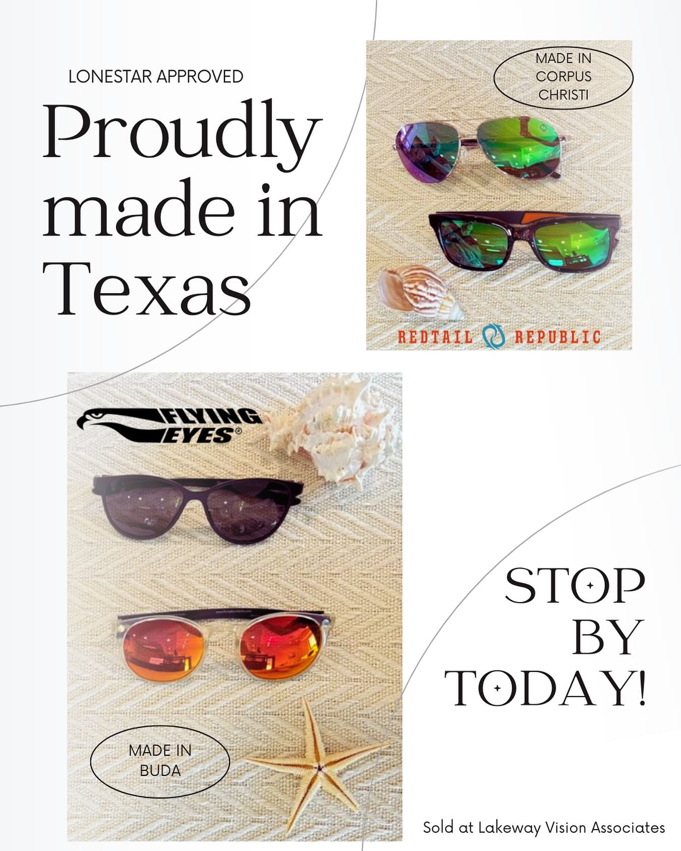 Shop local this summer and get yourself a fresh pair of sunglasses! Flying Eyes and Red Tail Republic are both native to Texas and carried here at Lakeway Vision! Not seeing the style that you’re looking for? No worries! Our opticians can help you find the perfect fit!