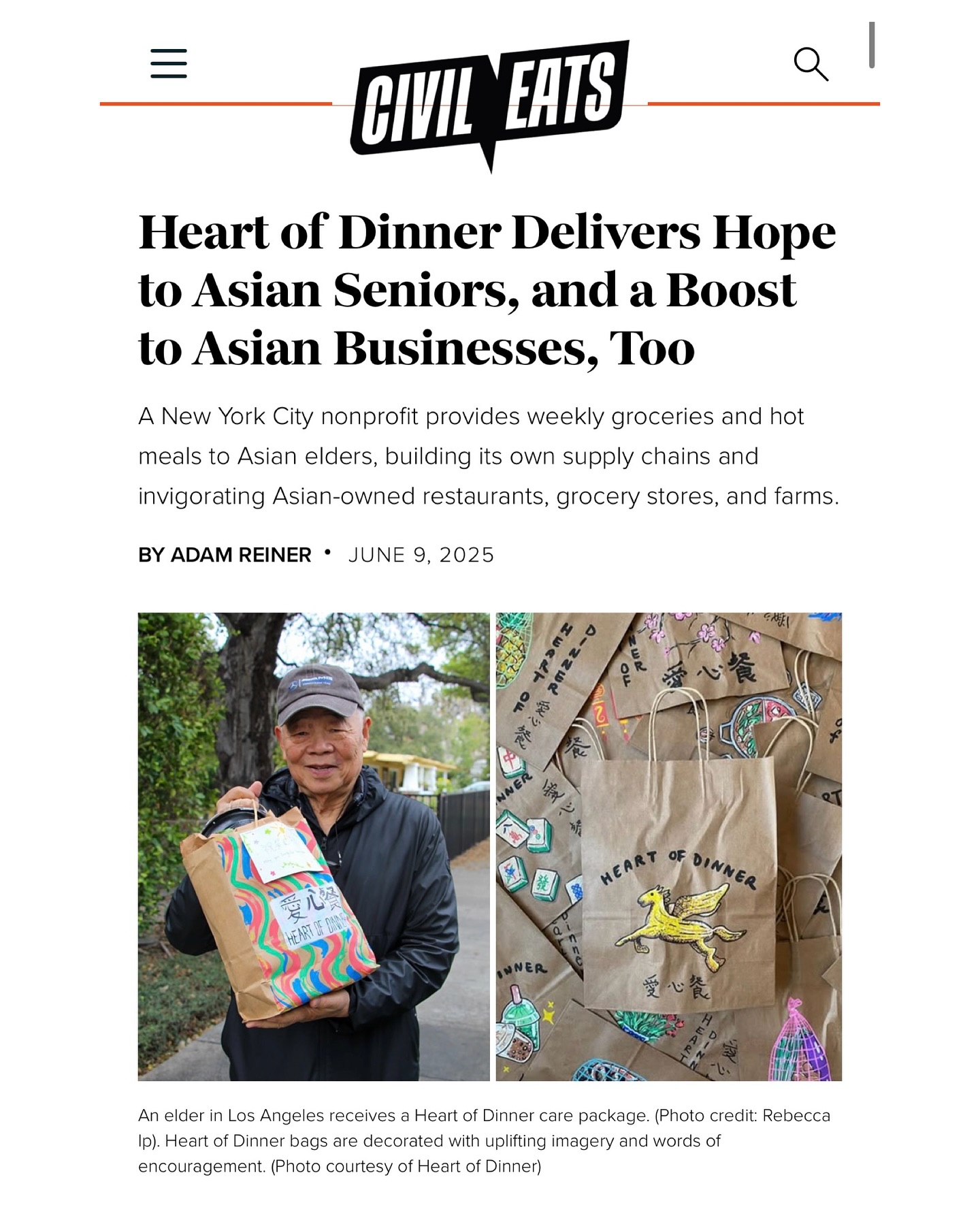 We’re deeply grateful to @adamreiner and @civileats for this incredible feature (swipe right for snippets of the piece & link in bio for full 12pg story). Adam spent months with our community, listening deeply and volunteering at two of our operations sites with such care, while interviewing individuals from New York to Los Angeles to understand the scope and multifaceted depth of our work and the extraordinary community it takes to nourish our Elders week after week. 🤍
Five years in, Heart of Dinner has worked to remove obstacles that have historically kept essential resources from reaching our Elders. Whether facing institutional gaps that leave them without culturally appropriate necessities, the pandemic and surging xenophobia, the catastrophic L.A. wildfires, or the indiscriminate targeting that instills fear and inflicts pain on communities already facing barriers—we remain steadfast in showing up consistently to see our Elders in their full humanity and remind them: “You belong. You are home. You are loved.”
We’re grateful to have built a beautiful ecosystem that enables us to carry this mission forward— including partnerships with local eateries (@fongon1933, @partybusbakeshop, @nbwingwong, @saigonsocialnyc, @zaabzaabnyc @wuswontonking), farmers (@choycommons), and community collaborators like @essexmarket @lamarquetanyc. And a space for volunteers to call home, lovingly guided by our team @anna.slee, @annielunyc, @gwrncieges, @jennifer.trn_, @patti.look, and @zlau. ❤️