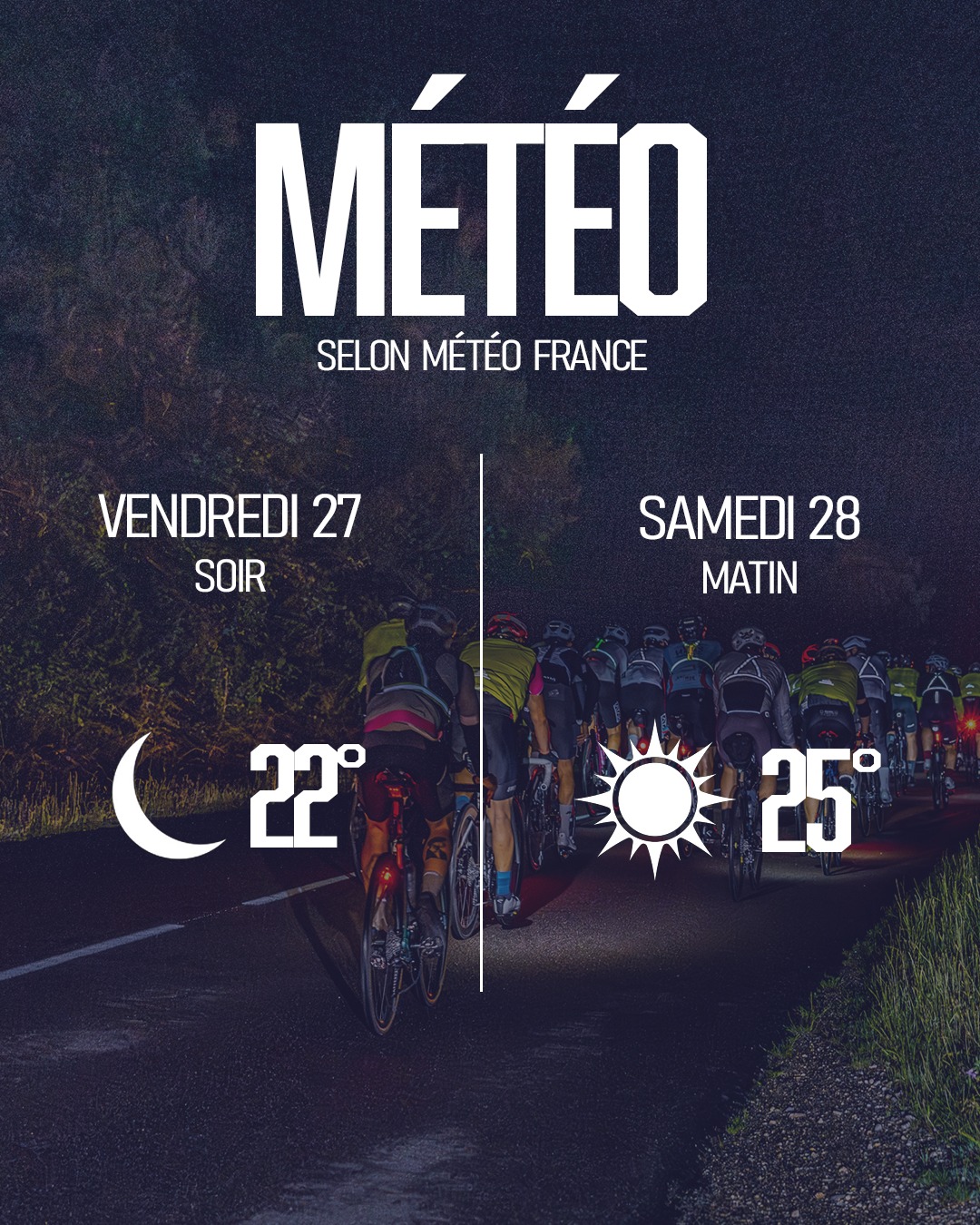 🌤️ MÉTÉO JOUR J🌙
Bonne nouvelle pour tous les cyclistes engagés (ou qui hésitent encore) pour cette édition 2025 !
📅 Vendredi 27 au soir :
🌡️ 22°C annoncés la nuit
📅 Samedi 28 au matin :
🌡️ Jusqu’à 25°C au lever du jour
Prévisions selon Météo-France
☀️ Des conditions parfaites pour rouler toute la nuit dans un climat doux, stable et sec. Idéal pour relever ce défi ultra entre Lyon et Genève 💪
❗️Vous hésitiez encore à vous lancer ?
Plus aucune excuse : la météo est de votre côté 🌟
🧴 Pensez à bien vous hydrater, même de nuit, et adaptez votre tenue à ces températures estivales.
On vous attend sur la ligne de départ ! 🚴♀️🌌
#velo #défi #météo #cyclisme #ultra
@villededivonne @villedelyon