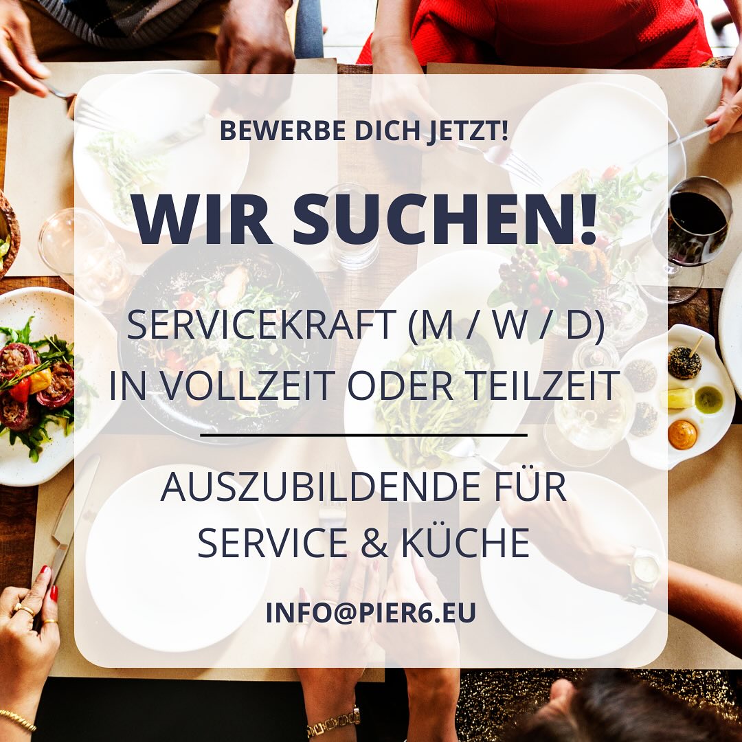Das PIER 6 sucht dich!
Du willst nicht irgendeinen Job, sondern einen Ort, an dem Arbeit sich richtig gut anfühlt?
Willkommen im PIER 6 – hier wird gemeinsam gelacht, angepackt und abgeliefert. Nicht so steif wie du denkst - und mit echtem Teamspirit.
Wir suchen:
• Servicekräfte (m/w/d) – ob mit Ausbildung oder einfach mit Leidenschaft
• Auszubildende (m/w/d) – im Service oder in der Küche – wir bringen dir alles bei
Was dich bei uns erwartet?
• Ein Team, das zusammenhält – wirklich
• Gute Laune, auch wenn’s mal stressig wird
• Faires Gehalt & geregelte Zeiten
• Arbeiten direkt am Wasser – mit Blick auf den Sonnenuntergang
• Zusammenhalt, Events & einfach ein Vibe, den man erlebt haben muss
Wenn du lieber mit Menschen als mit Excel-Tabellen arbeitest und ein Job suchst, bei dem du du selbst sein kannst – dann schreib uns!
Komm ins Team PIER 6. Wir freuen uns auf dich.
#TeamPier6 #BremerhavenJobs #AusbildungGastro #gastro #team #pier6
