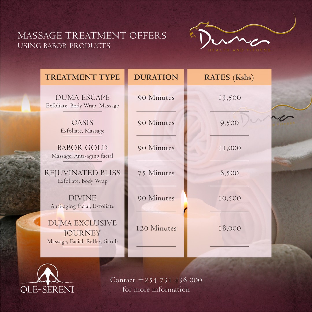 When the city feels overwhelming, escape to the serenity within it! From soothing massage treatments to exceptional spa services, our spa catalogue is your guide to total relaxation.Book your appointment today by calling +254 731 436 000.#OleSereni #DumaSpa #BestHotelInNairobi