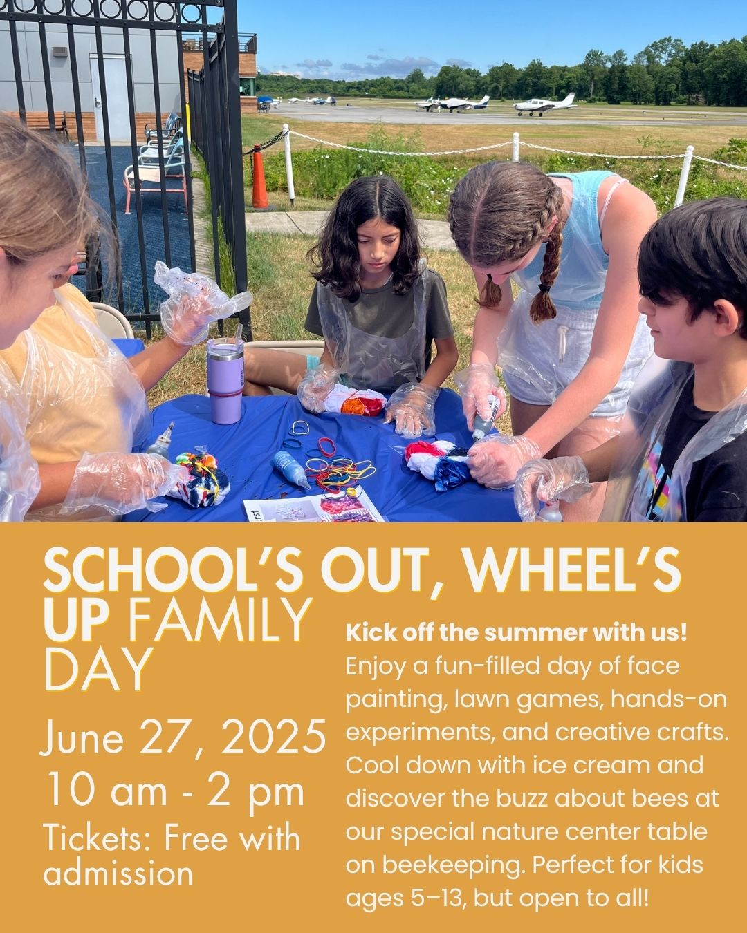 Join us this Friday for a fun summer family day!
We'll have face painting, lawn games, hands-on experiments, and creative crafts, and you can cool down with ice cream and discover the buzz about bees at our special nature center table on beekeeping. Perfect for kids ages 5–13, but open to all!
Friday, June 27, 10am - 2pm
FREE with admission ($5 adult; $4 senior; $2 student; FREE children under 2 and Field of Firsts members)