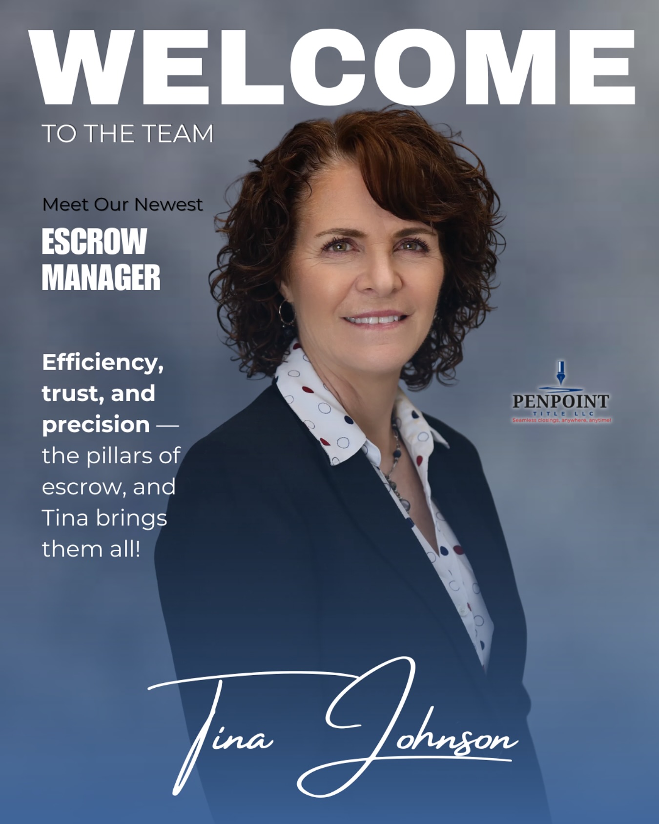 Please help us welcome Tina Johnson, our newest Escrow Manager at Penpoint Title! ๐
With a sharp eye for detail, unwavering professionalism, and a passion for precision, Tina embodies the very best in escrow services. โ๏ธโ๏ธ
Weโre proud to have her on board as we continue delivering seamless closings, anywhere, anytime.
#WelcomeToTheTeam #EscrowManager #PenpointTitle #RealEstateClosings #TitleTeam #TeamPenpoint #CentralFloridaRealEstate
