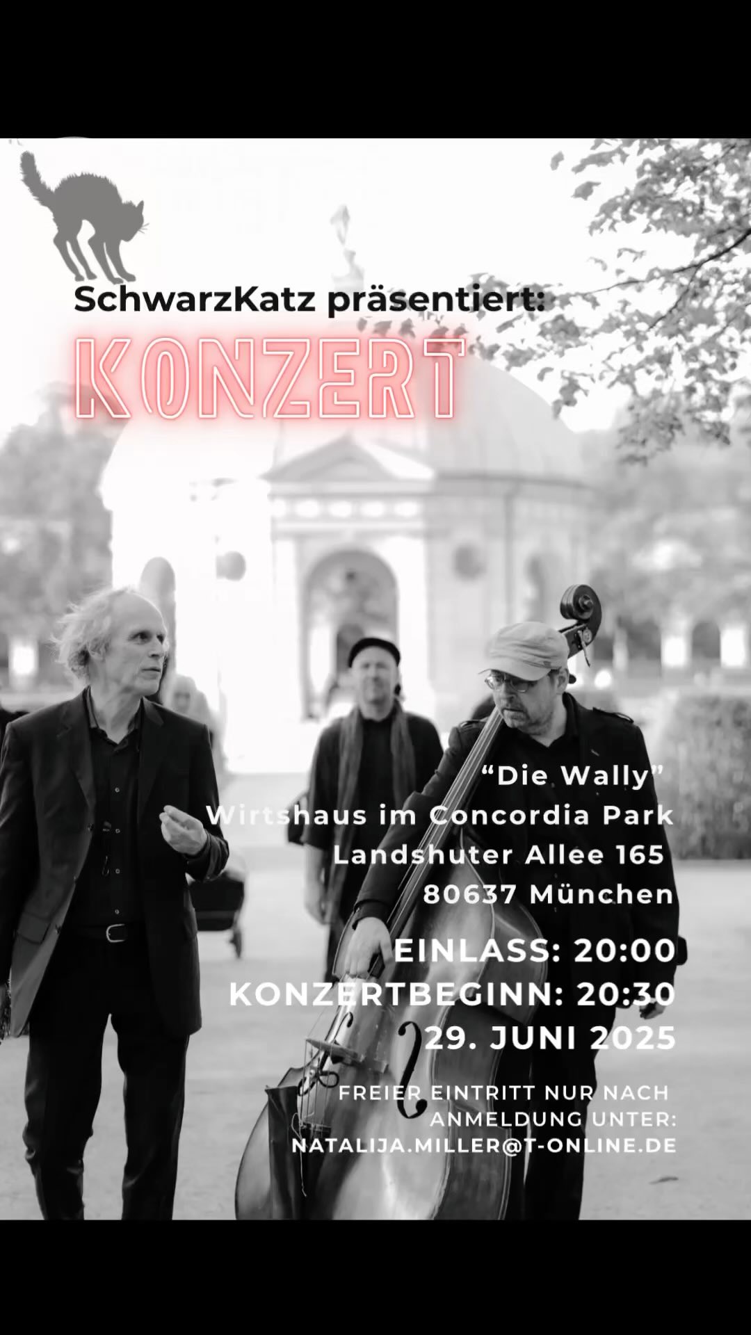 ♠️♠️♠️
Ich verliebe mich wieder in den falschen Mann,
Oder irre am falschen Ort, zur falschen Zeit,
Und am Ende zerplatzen die Träume wie von Fremden…
Das ist ein Zitat aus dem melancholischen Lied Sorry, Charlie!
Dieses und viele andere herzzerreißende, wunderschöne Lieder aus der ganzen Welt könnt ihr schon diesen Sonntag live hören! 🎶
SchwarzKatz spielt 🐈⬛ Nicht verpassen ❤️🔥 Freier Eintritt
📅 Datum: 29.06.25
🕒 Uhrzeit: 20:30, Einlass 20.00
📍 Ort: Die Wally, Landshuter Allee 165, 80637 München