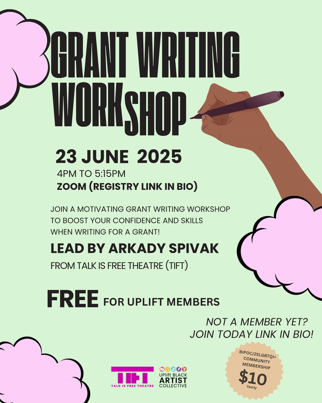 Not and UPlift Member yet?
Become one and register for your free Grant Writing Workshop!
Monday June 23rd 4pm to 5:15pm Arkady Spivak from @talkisfreetheatre will be walking us through how to write grants with confidence !
Registration link in Bio!!!