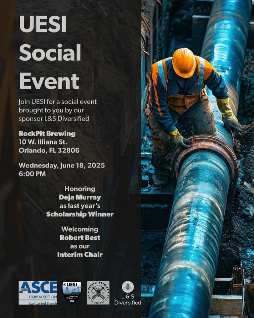 ASCE East Central Branch Utility Engineering & Surveying Institute (UESI) invites you for a social event brought to you by L&S Diversified today, June 18 starting at 6pm at Rockpit Brewing. Join UESI for drinks (included with registration), and help honor their scholarship winner from last year & welcome Robert Best as their Interim Chair.
https://www.eastcentralasce.org/uesi