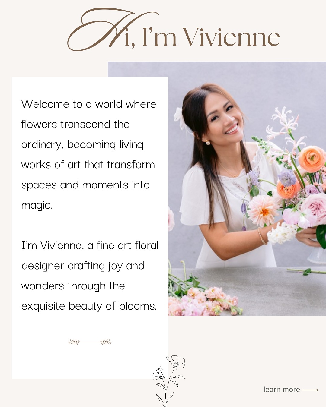 Hello, flower friends! 🫶
It’s me, Vivienne, and I’m delighted to post a long overdue, proper introduction here in the gram! I’ll share the heart, the journey, and the inspirations that fuel the magic here at Mirabel Floral Design. Head over to my link in bio for the full interview article published by @voyagelamag.