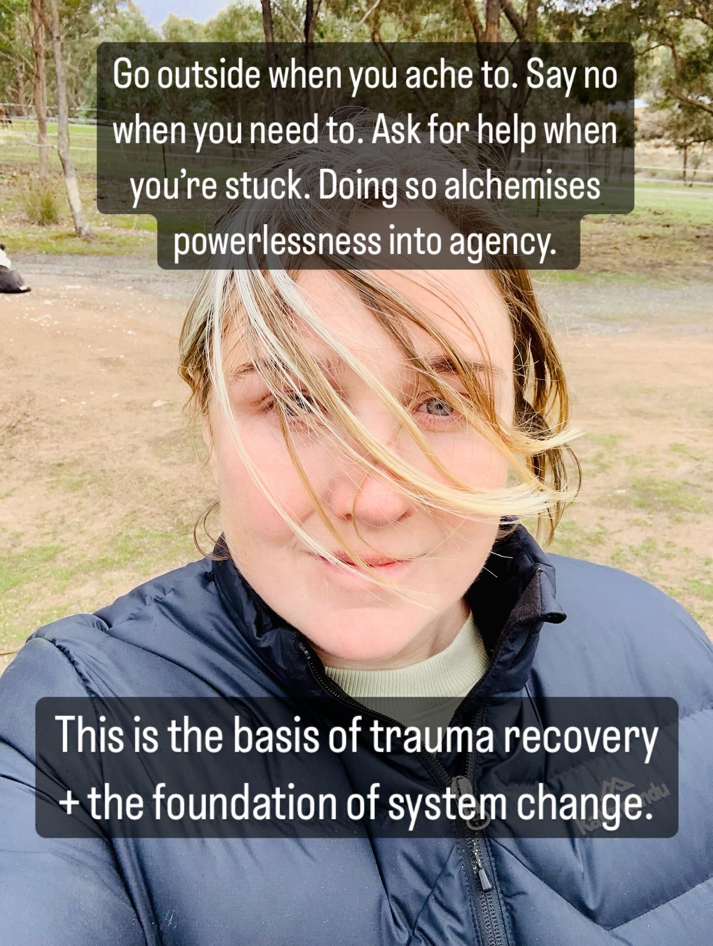 Every day this winter I’ve been going outside no matter the weather for a good chunk of time.
Because my body aches to, because my soul needs to; because doing so is a micro act of rebellion that restores agency and hope. Because autonomy helps me show up for others within systems that fundamentally undermine it.
Every windswept moment is a revolution. A reclamation, a rewilding. It matters.
I work with socially conscious humans who feel a great deal of guilt when they are not consistently
helping others. I remind them a lot that having our own center of agency and autonomy is vital if we are are interested in helping others find theirs.
Most of the next season I’m focusing on offering this somatic informed, systems aware work in my kinship spaces. They are rich relational offerings that have a deeply personal approach.
I have one super-vision spot open for a July start.
I’d love to work with you on restoring aliveness in these complex times … and rewriting a kinder story together.
DM me or enrol on my web home @megjberryman