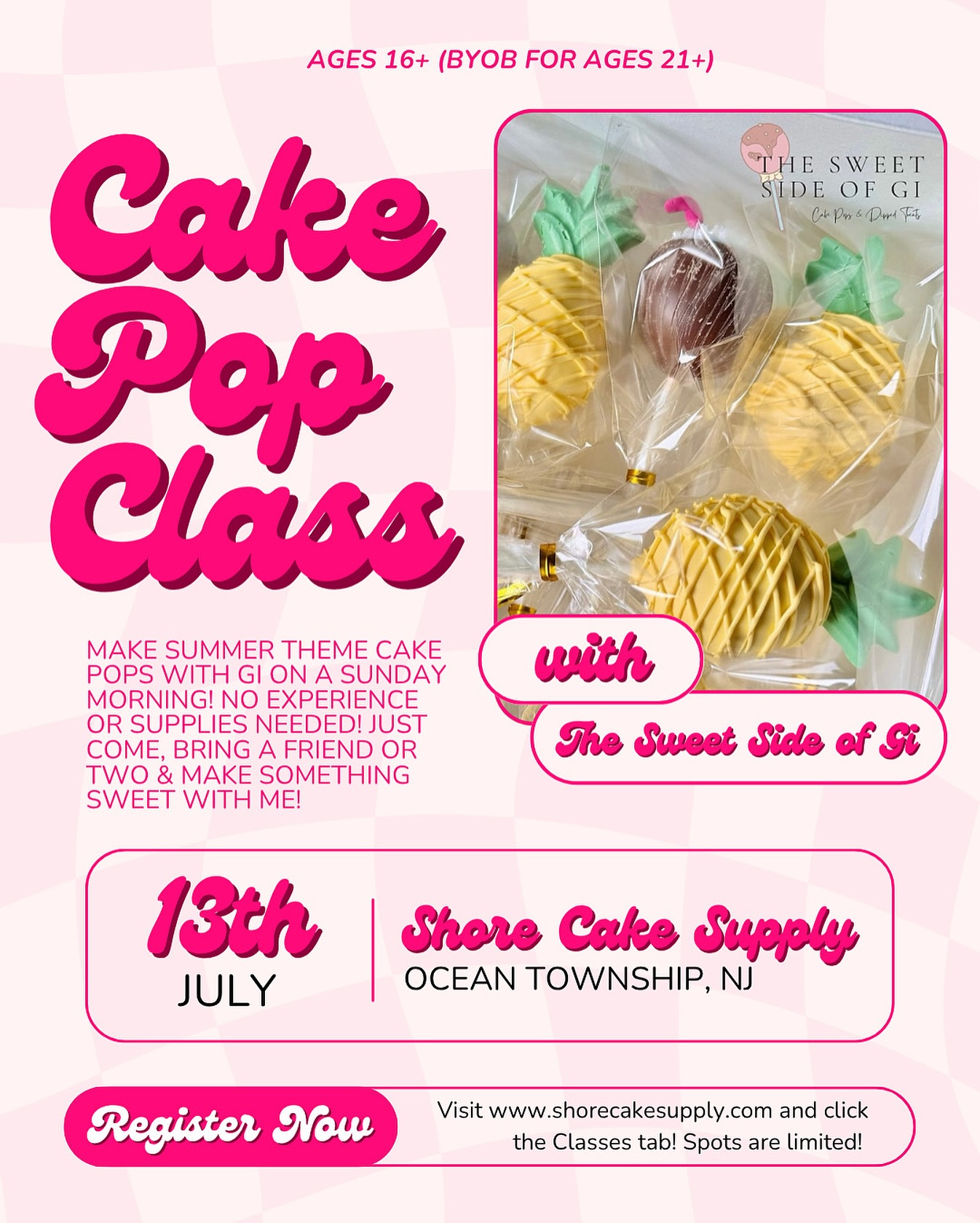 Ever wonder how I make my cake pops?! Come find out July 13th at @shorecakesupply in Ocean, NJ 🩷
•
Register at www.shorecakesupply.com and find me on the classes tab! Let’s get it poppin’! 🧁🍭
#newjersey #thingstodonj #baking #class #njevents #register