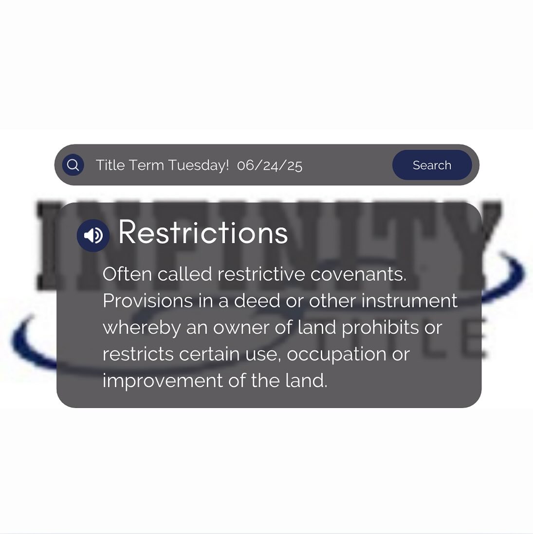 It's Tuesday!! Today's Term is Restrictions : Often called restrictive covenants. Provisions in a deed or other instrument whereby an owner of land prohibits or restricts certain use, occupation or improvement of the land.