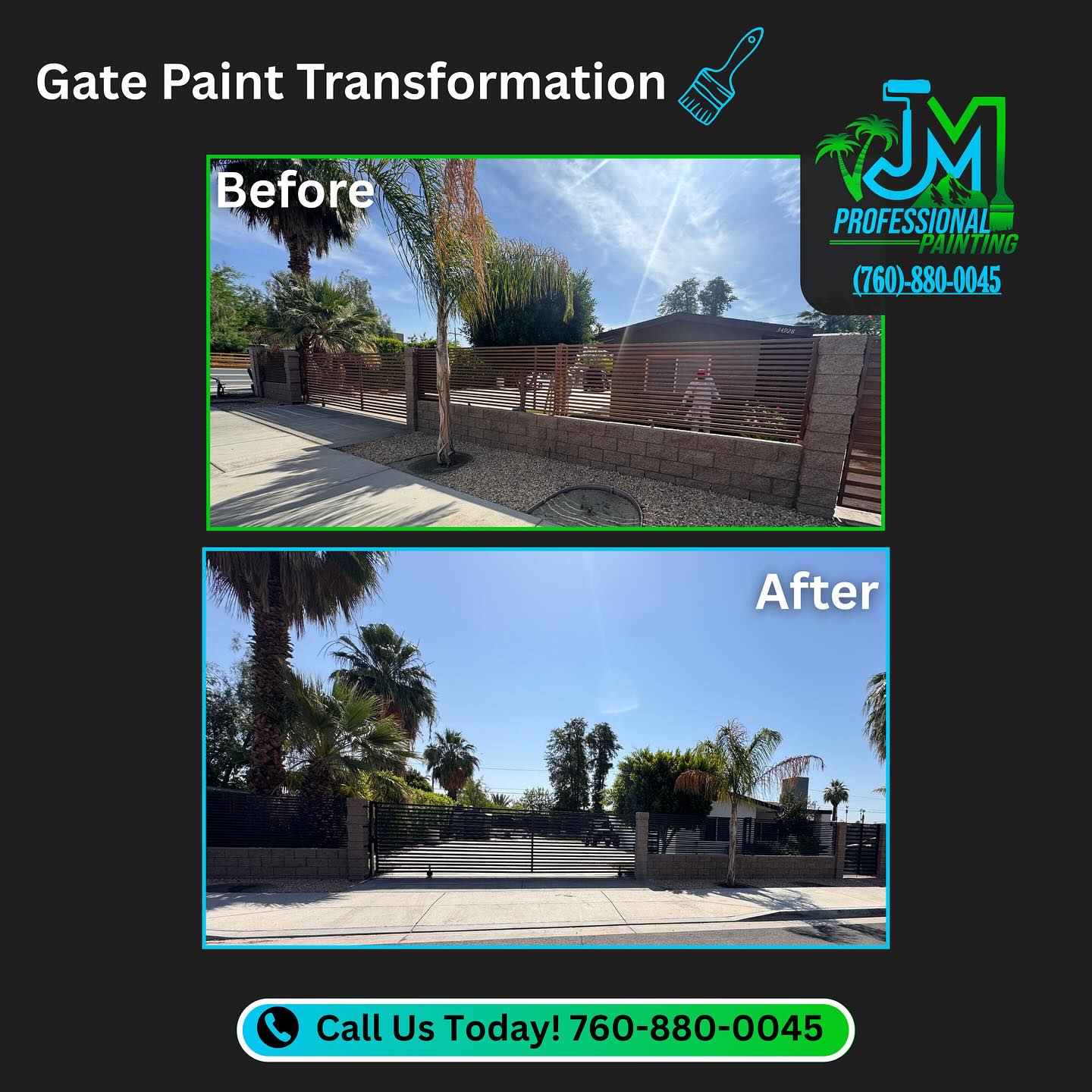Swipe to see the difference! 🎨
JM Professional Painting gave this gate a bold, modern makeover—taking it from faded to flawless. Ready to boost your curb appeal?
📞 Call us today at 760-880-0045!
#gatetransformation #curbappeal #professionalpainting #beforeandafter #coachellavalleypainting #paintingtransformation #palmsprings #laquinta #indio #palmdesert #ranchomirage