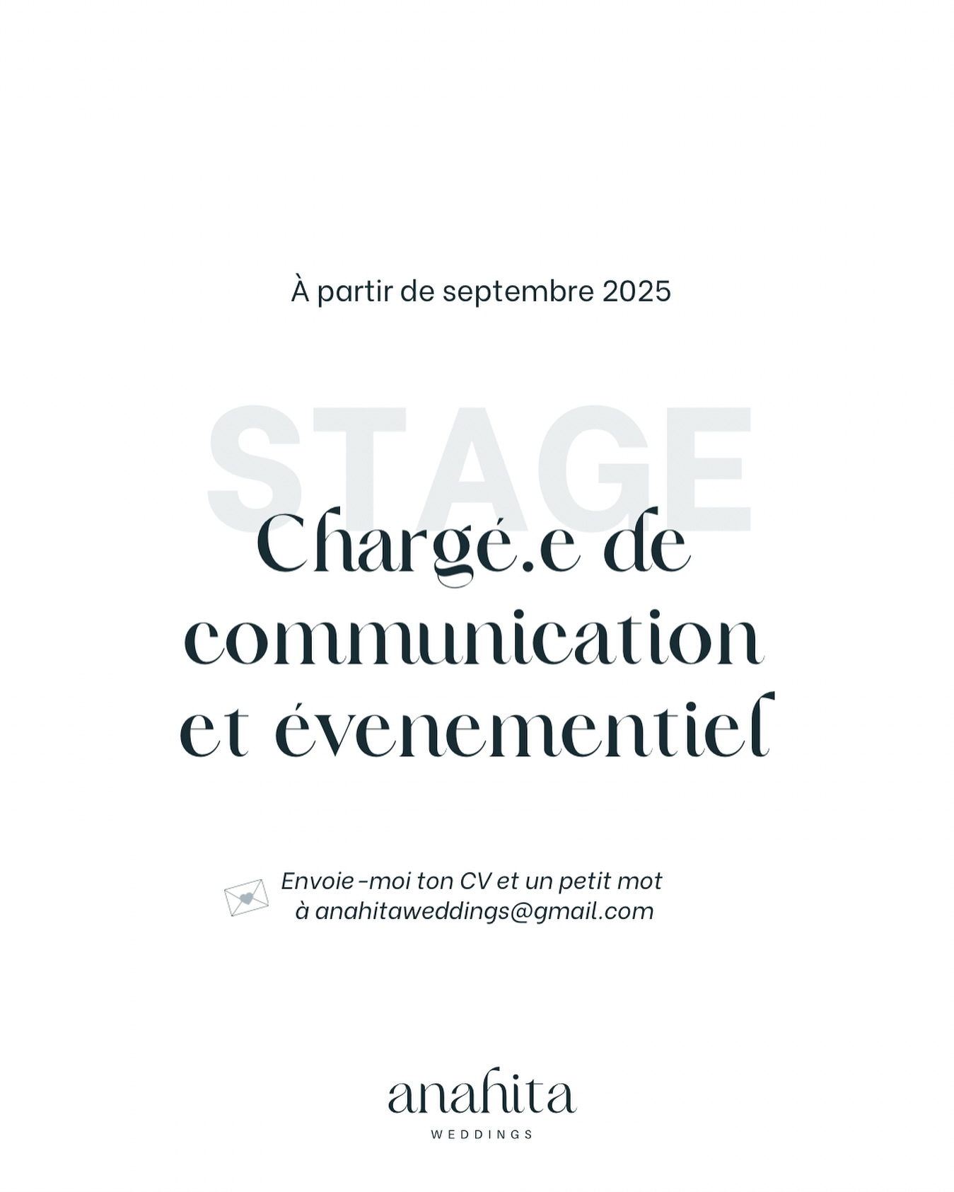 ✨ OFFRE DE STAGE
Je cherche une personne autonome, curieuse et débrouillarde, pour un stage de 2 mois !
Ce ne sera pas un stage classique avec open space, réunions et cafés entre collègues.
Mais tu seras vraiment utile. Et tu apprendras vraiment des choses.
Le plus ? Tu as un vrai intérêt pour l’univers du mariage et la communication 💍
👉🏻 Tes missions possibles (selon ton profil) :
– intégration de contenu
– création de contenus (réseaux sociaux, emailing, supports…)
– rédaction web & SEO
– participation à des projets côté mariage ou digital
– aide ponctuelle à l’organisation terrain si besoin
Je suis wedding planner et formatrice en communication digitale, et j’adore transmettre ce que je sais !
📅 Dates : entre septembre et novembre 2025 (à définir ensemble)
📍Lieu : Agglomération de Vienne ou à distance (on s’adapte !)
📩 Envoie ton CV et un petit mot à anahitaweddings@gmail.com si ça te parle.
Ou si tu connais la bonne personne, tu peux lui transférer ce message !
#stagecommunication #stagedigital #stagemariage #stageevenementiel #stage2025 #offredestage #recherchestagiaire #stagelyon #stagevienne